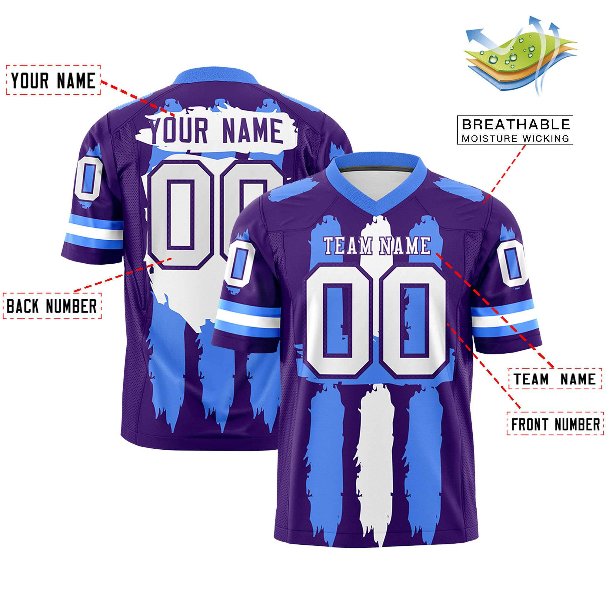 Custom Purple Powder Blue and White Graffiti Pattern Flag Football Jerseys