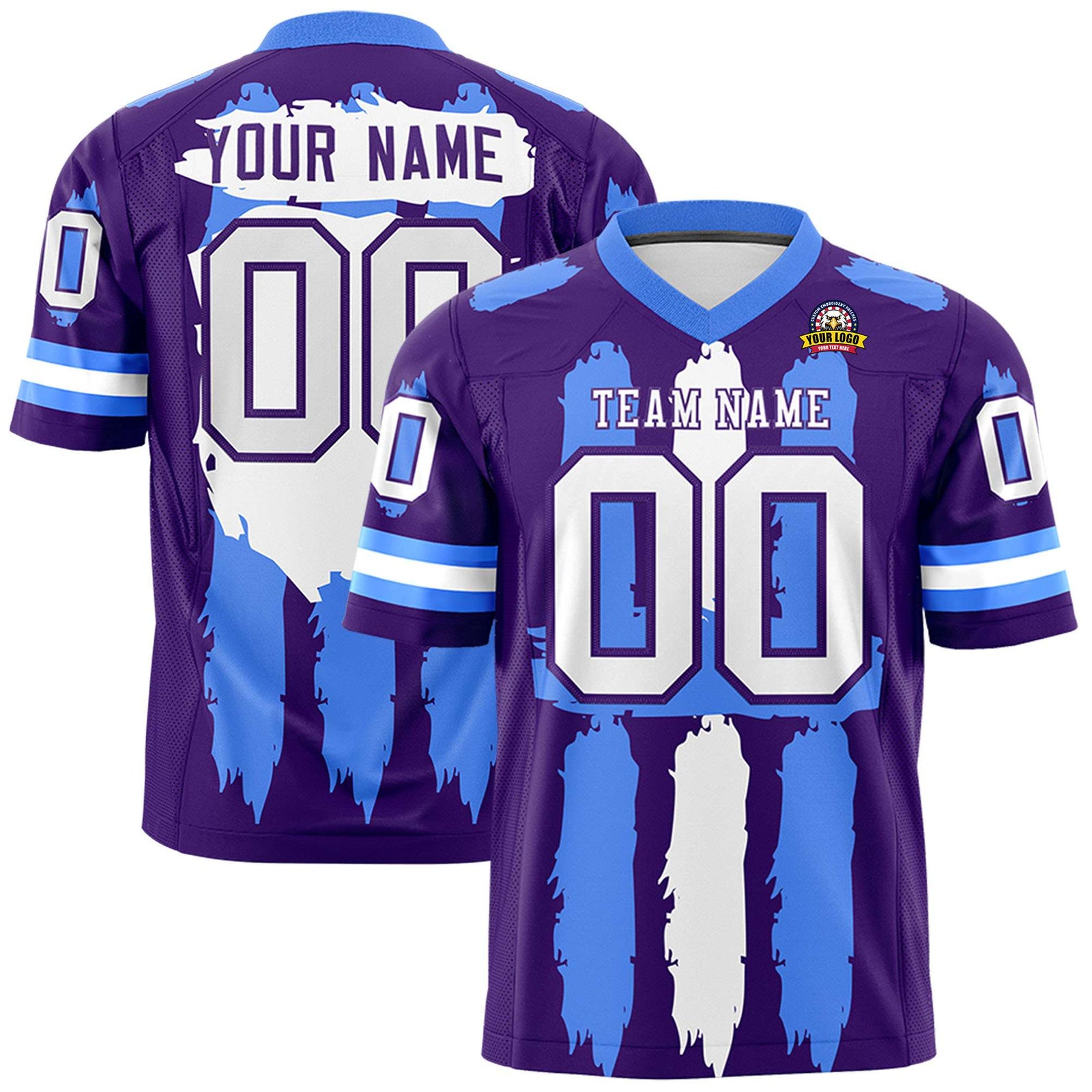Custom Purple Powder Blue and White Graffiti Pattern Flag Football Jerseys