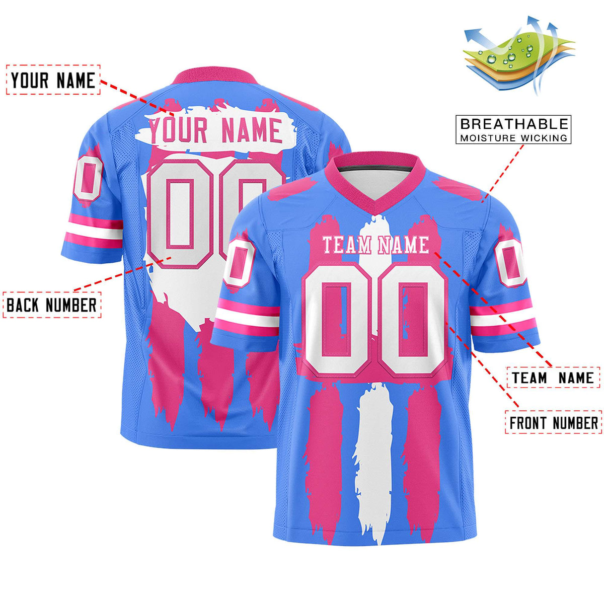 Custom Powder Blue Pink and White Graffiti Pattern Flag Football Jerseys