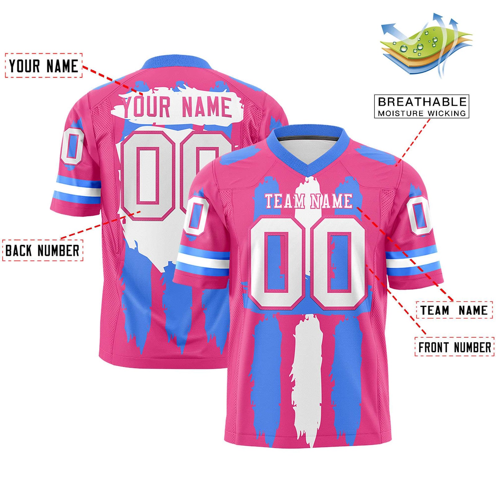 Custom Pink Powder Blue and White Graffiti Pattern Flag Football Jerseys