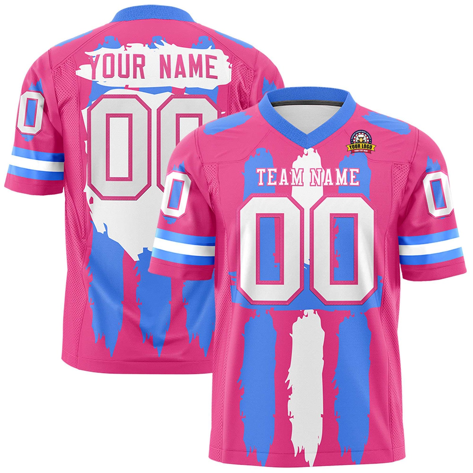 Custom Pink Powder Blue and White Graffiti Pattern Flag Football Jerseys