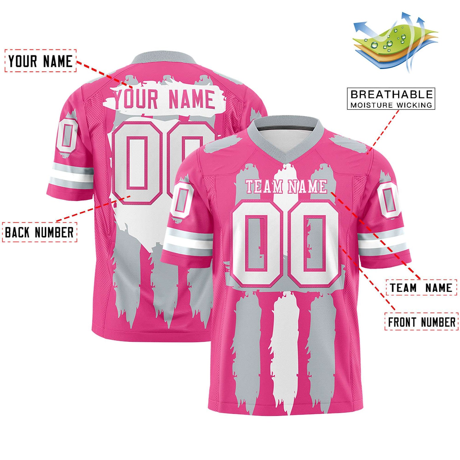 Custom Pink Silver and White Graffiti Pattern Flag Football Jerseys