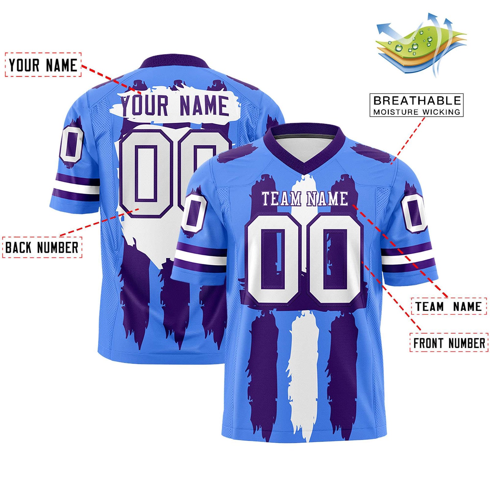 Custom Powder Blue Purple and White Graffiti Pattern Flag Football Jerseys
