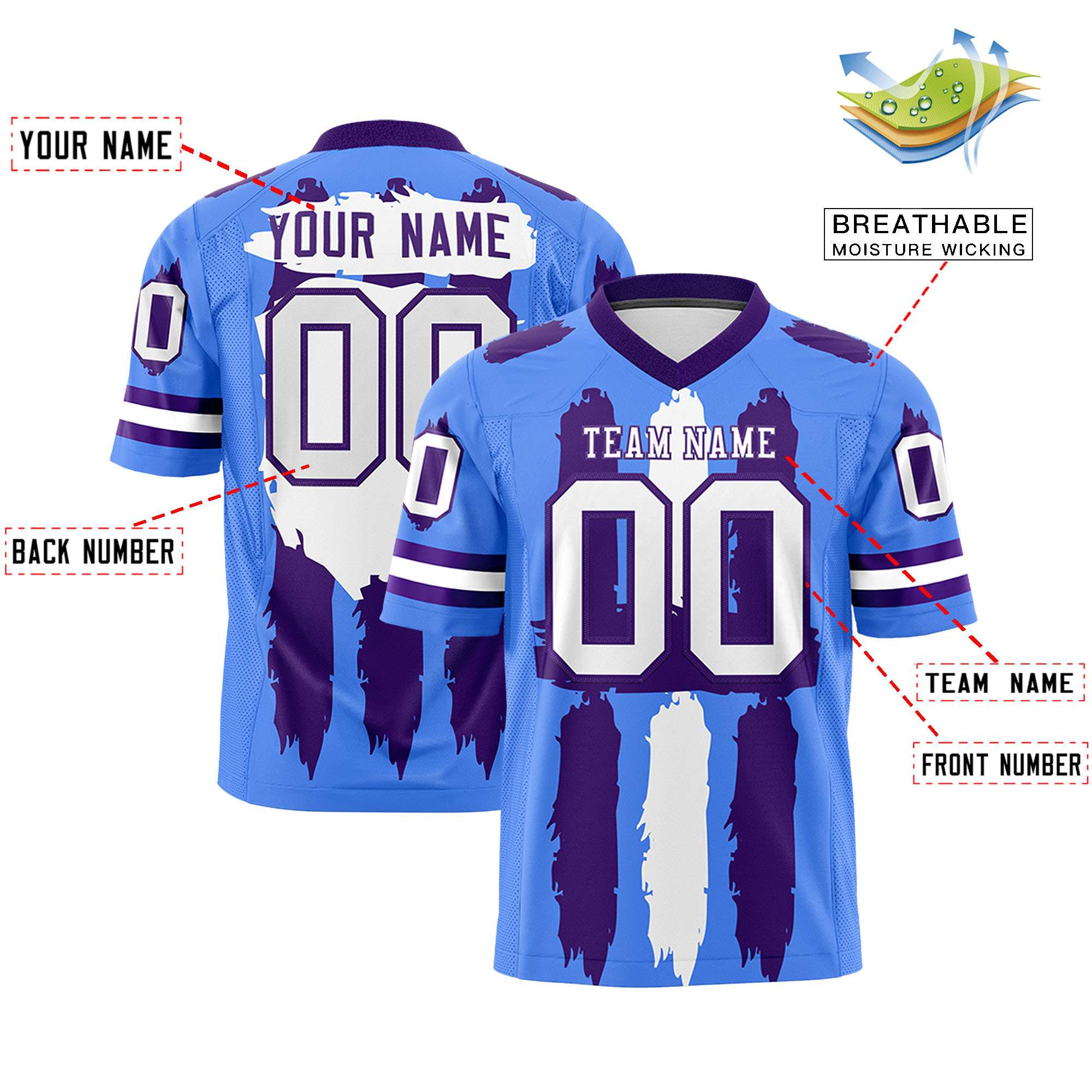 Custom Powder Blue Purple and White Graffiti Pattern Flag Football Jerseys