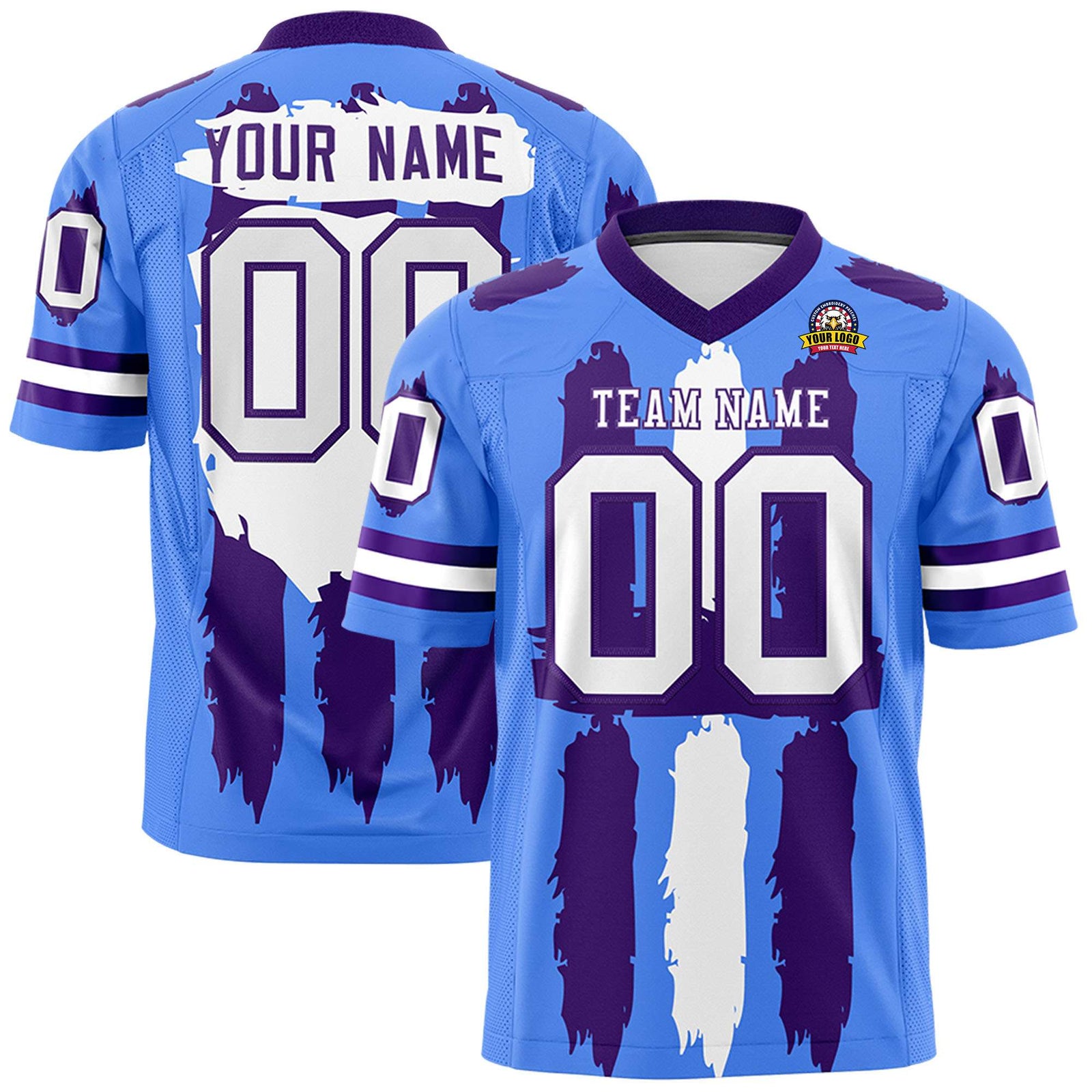 Custom Powder Blue Purple and White Graffiti Pattern Flag Football Jerseys