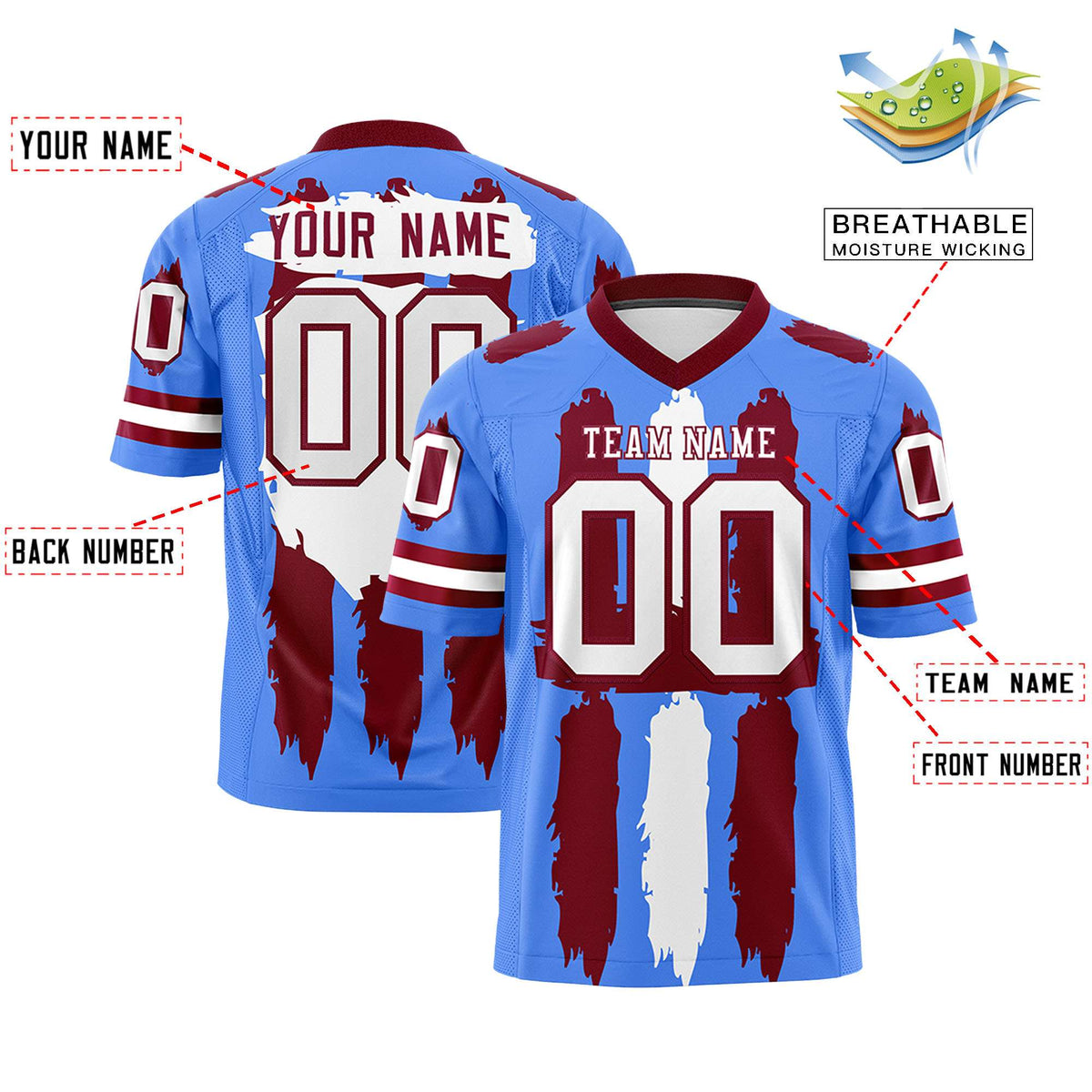Custom Powder Blue Crimson and White Graffiti Pattern Flag Football Jerseys