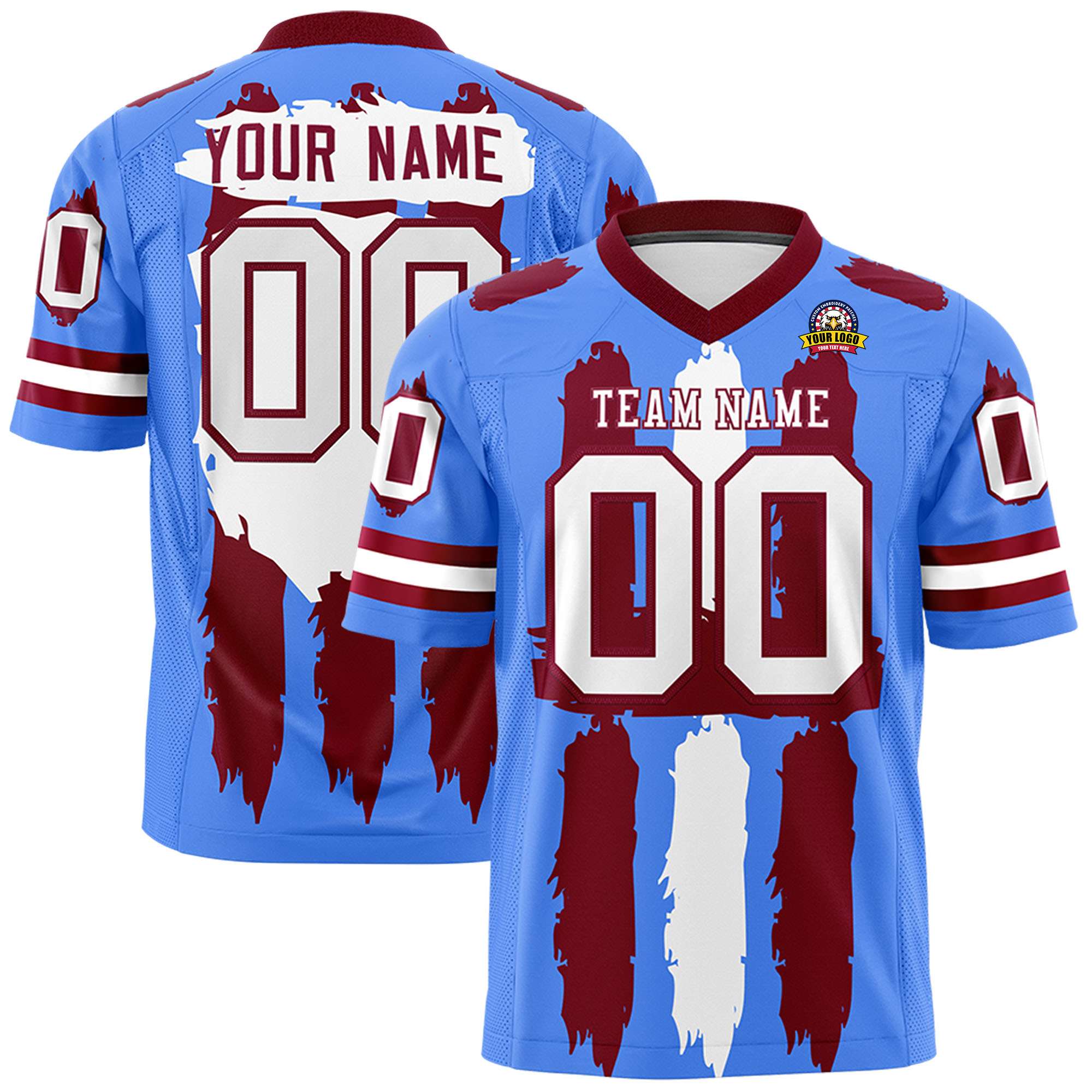 Custom Powder Blue Crimson and White Graffiti Pattern Flag Football Jerseys