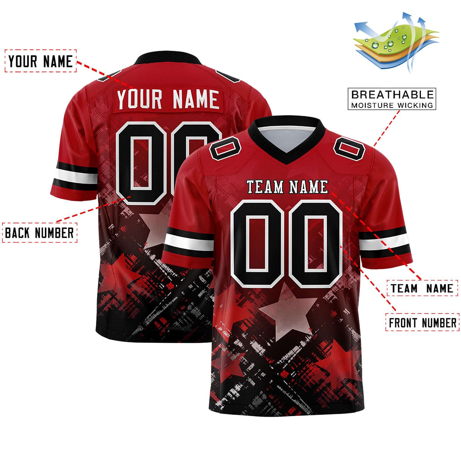 Custom Red Black Personalized Star Gradient Flag Football Jersey