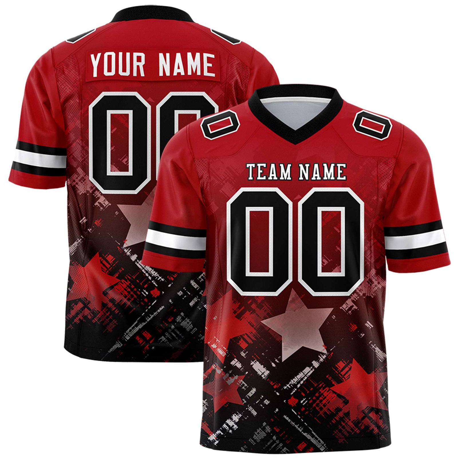 Custom Red Black Personalized Star Gradient Flag Football Jersey