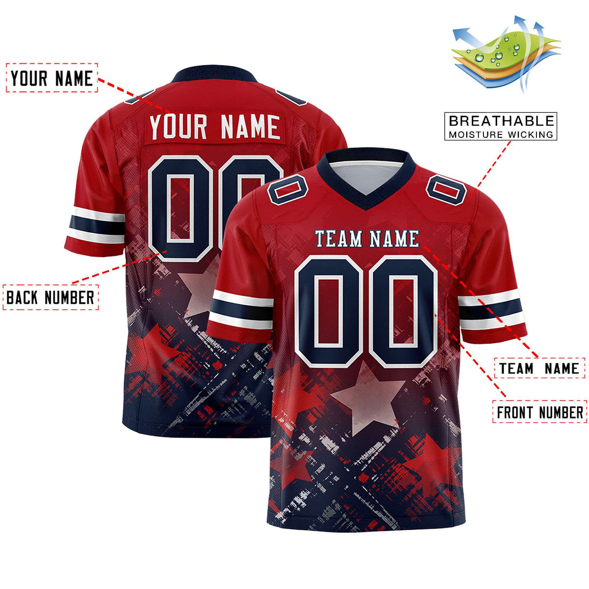 Custom Red Navy Personalized Star Gradient Flag Football Jersey