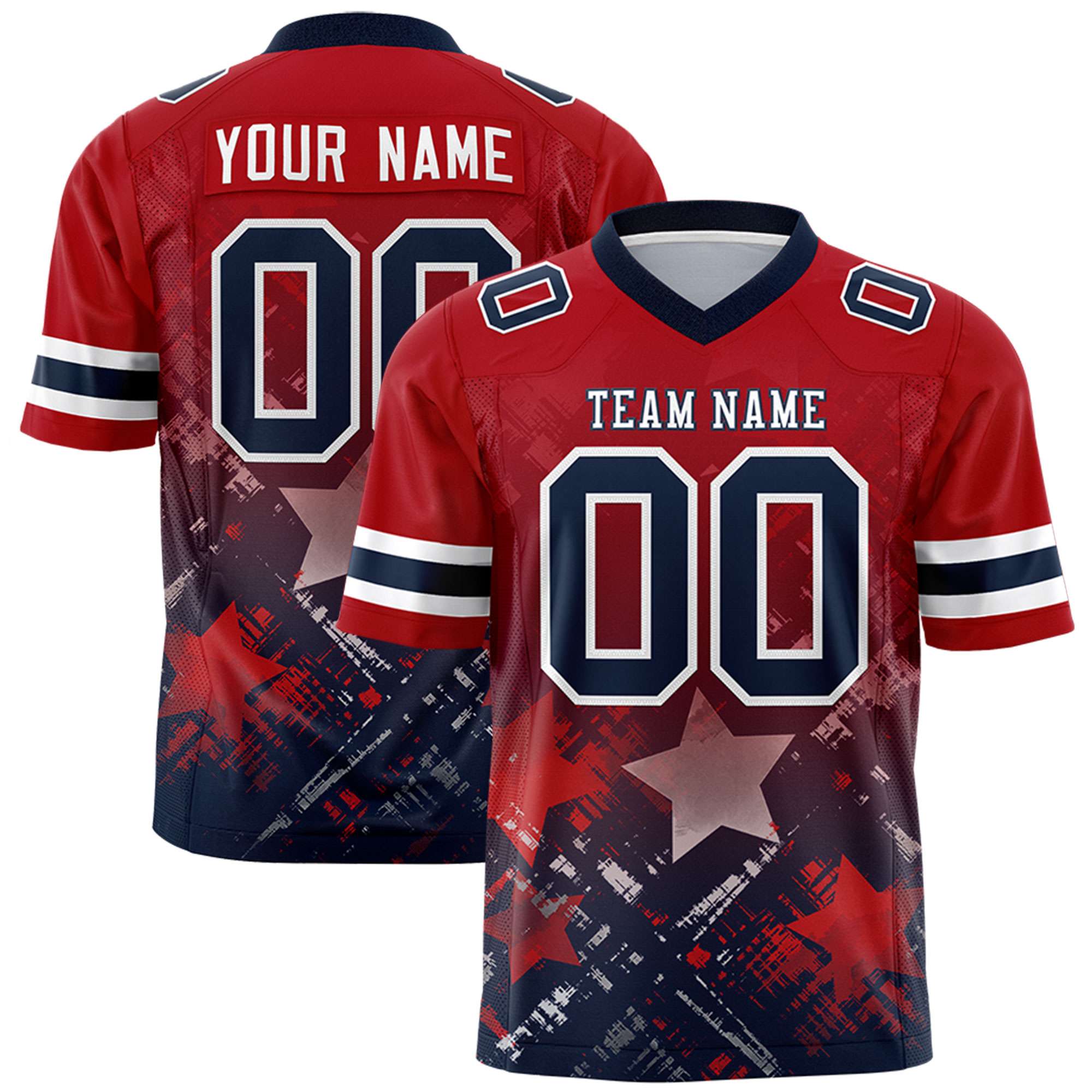 Custom Red Navy Personalized Star Gradient Flag Football Jersey