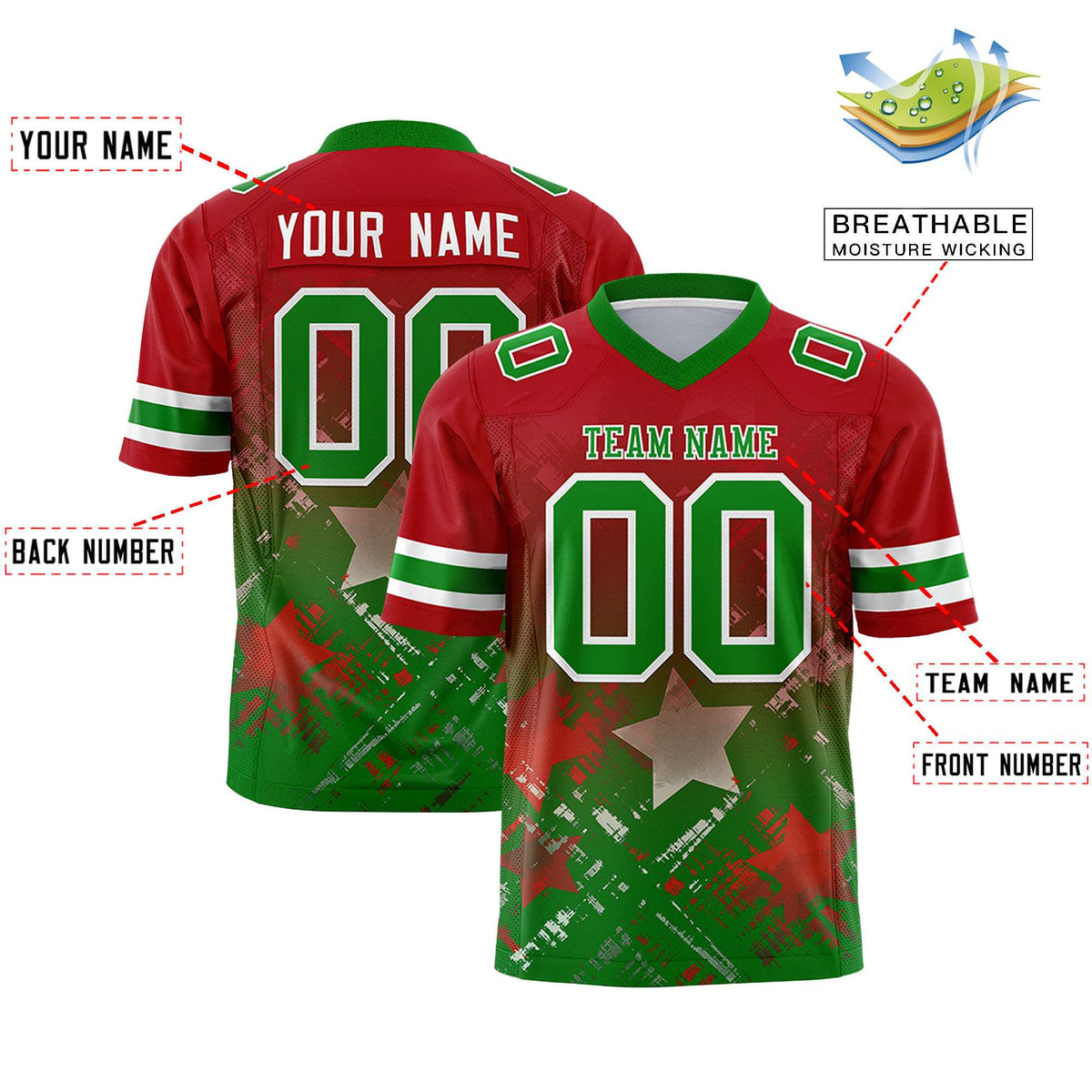 Custom Red Kelly Green Personalized Star Gradient Flag Football Jersey
