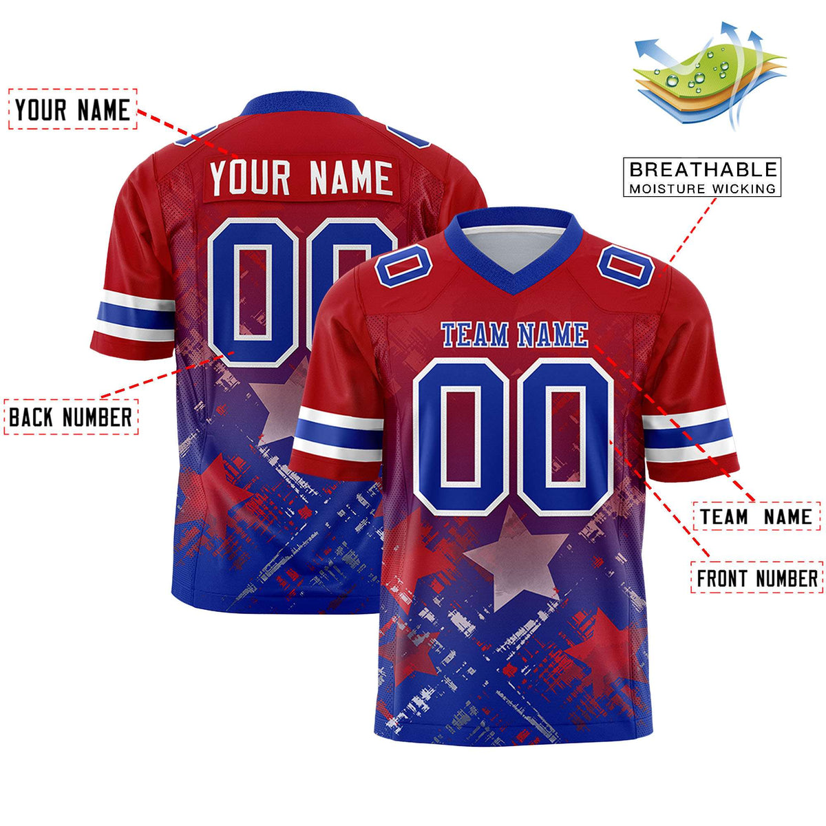 Custom Red Royal Personalized Star Gradient Flag Football Jersey