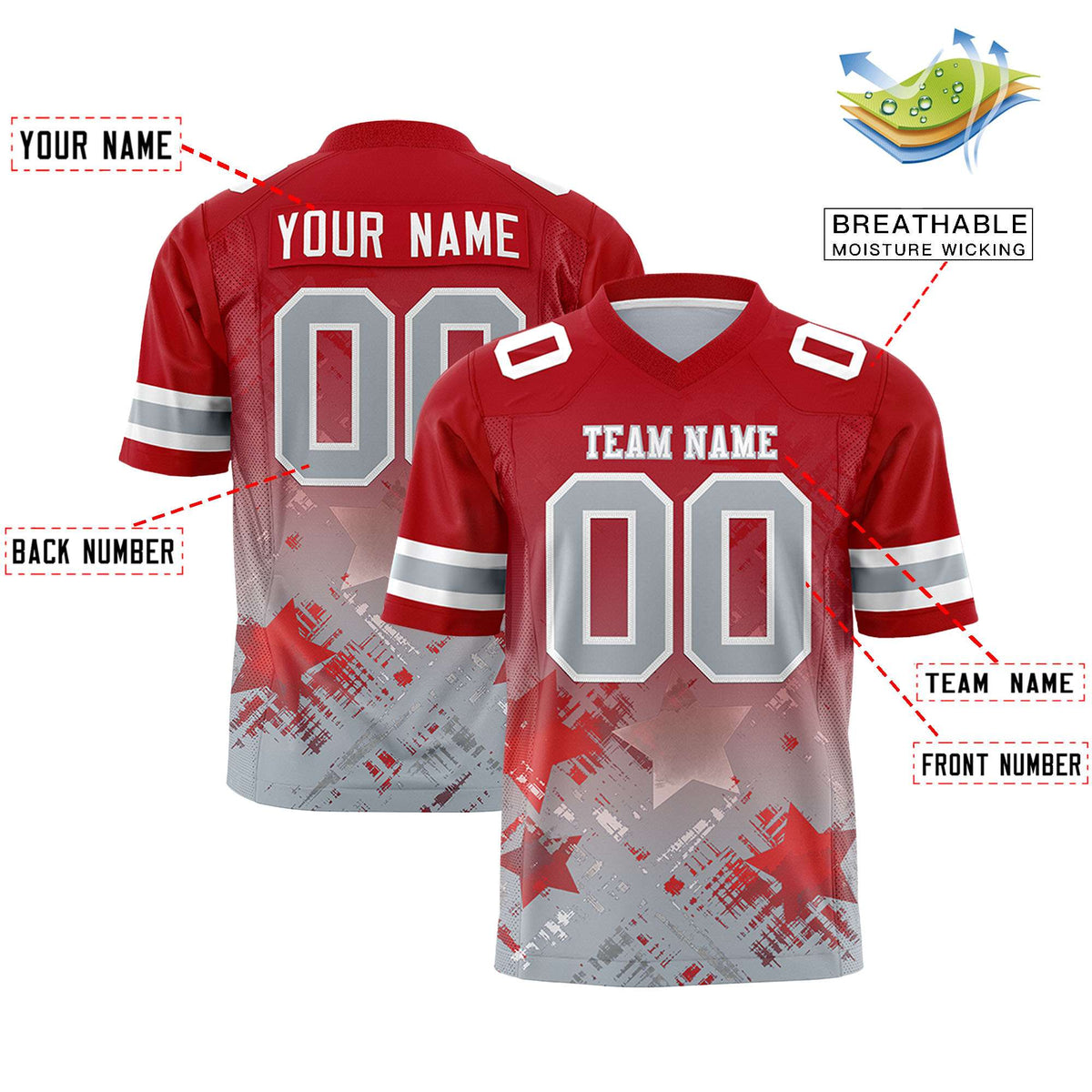 Custom Red Red Personalized Star Gradient Flag Football Jersey
