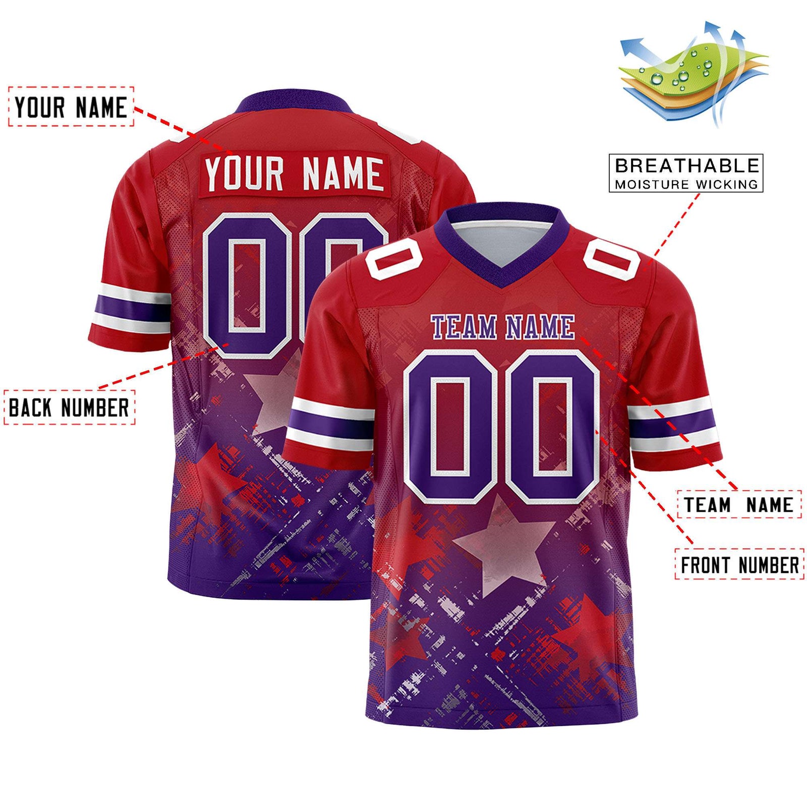 Custom Red Purple Personalized Star Gradient Flag Football Jersey