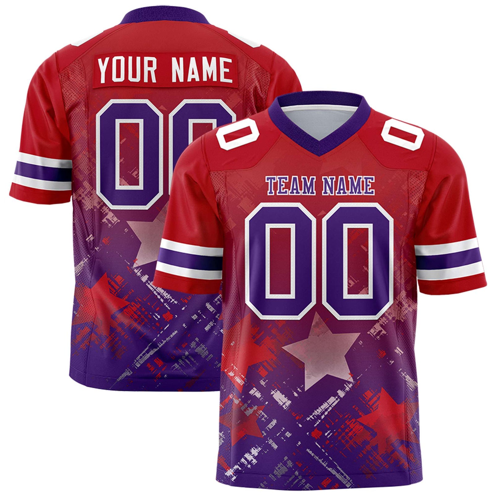 Custom Red Purple Personalized Star Gradient Flag Football Jersey