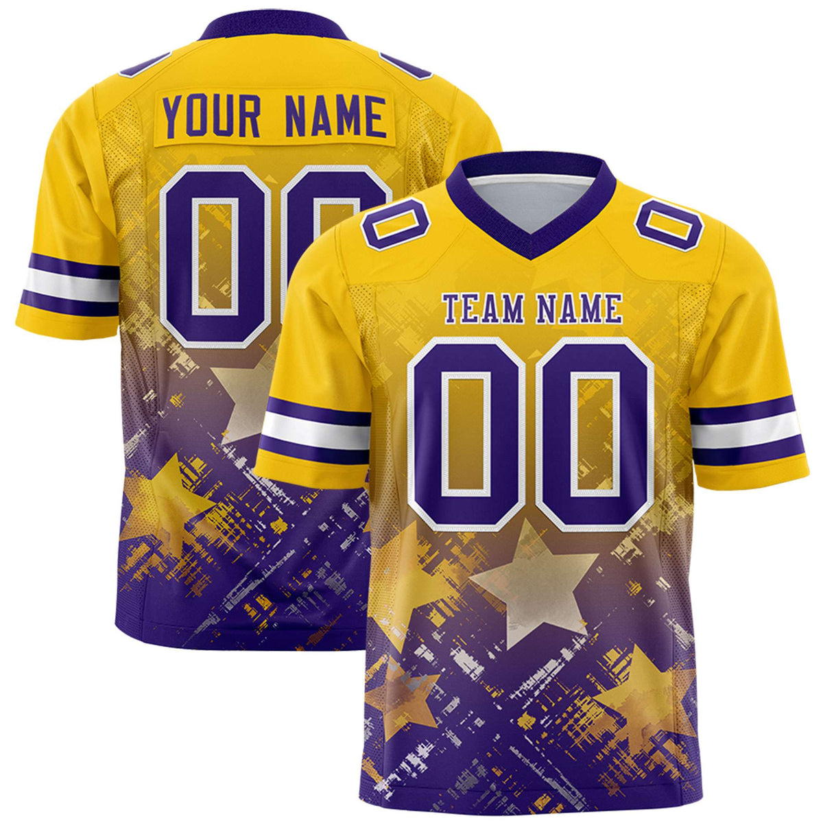 Custom Gold Purple Personalized Star Gradient Flag Football Jersey