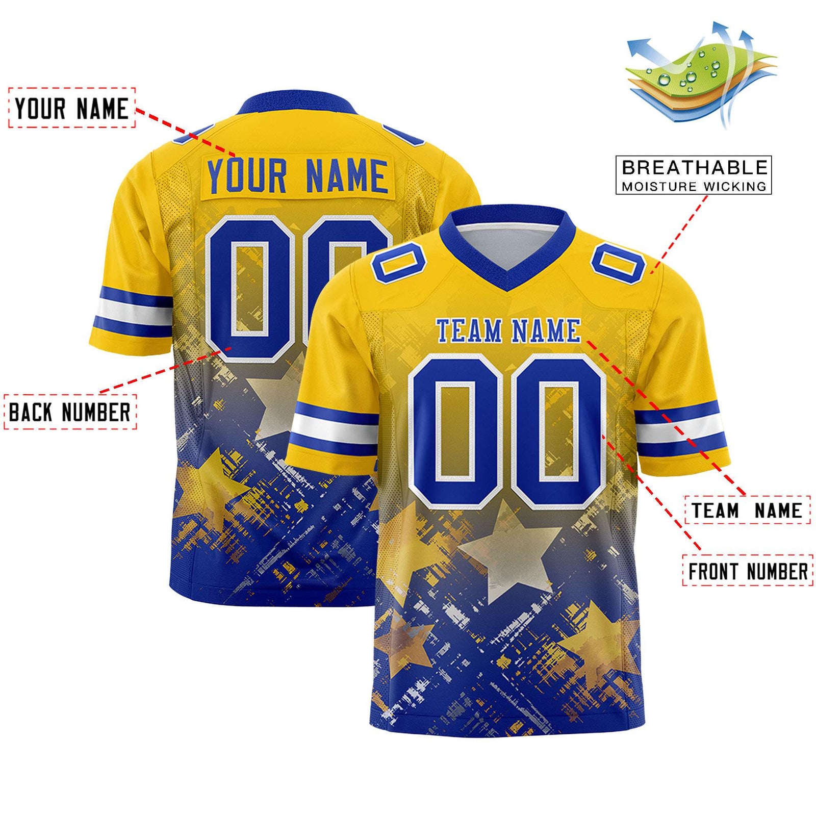 Custom Gold Royal Personalized Star Gradient Flag Football Jersey