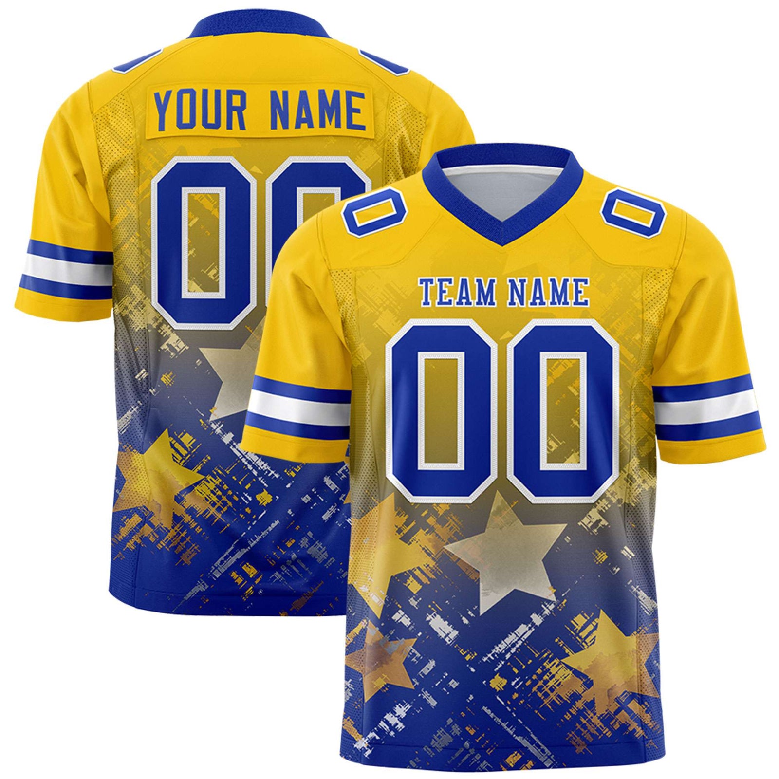 Custom Gold Royal Personalized Star Gradient Flag Football Jersey