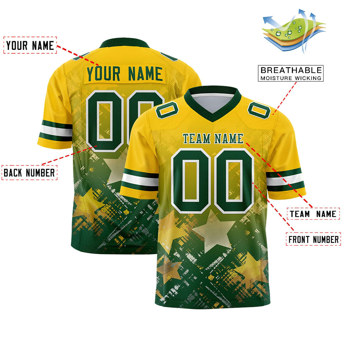 Custom Gold Green Personalized Star Gradient Flag Football Jersey