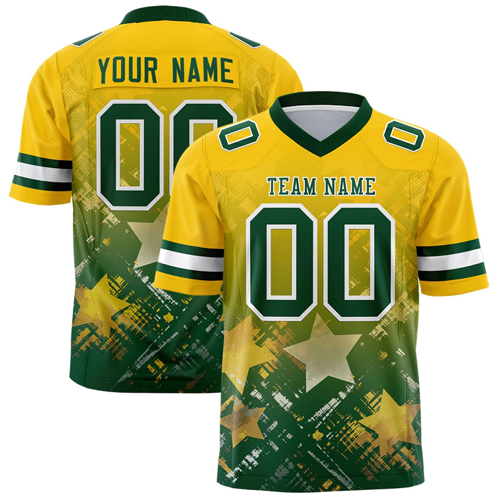 Custom Gold Green Personalized Star Gradient Flag Football Jersey