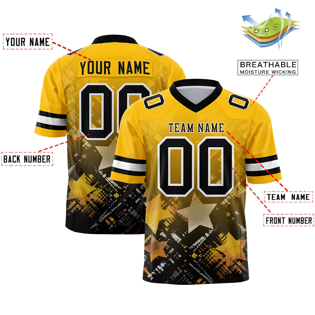 Custom Yellow Black Personalized Star Gradient Flag Football Jersey