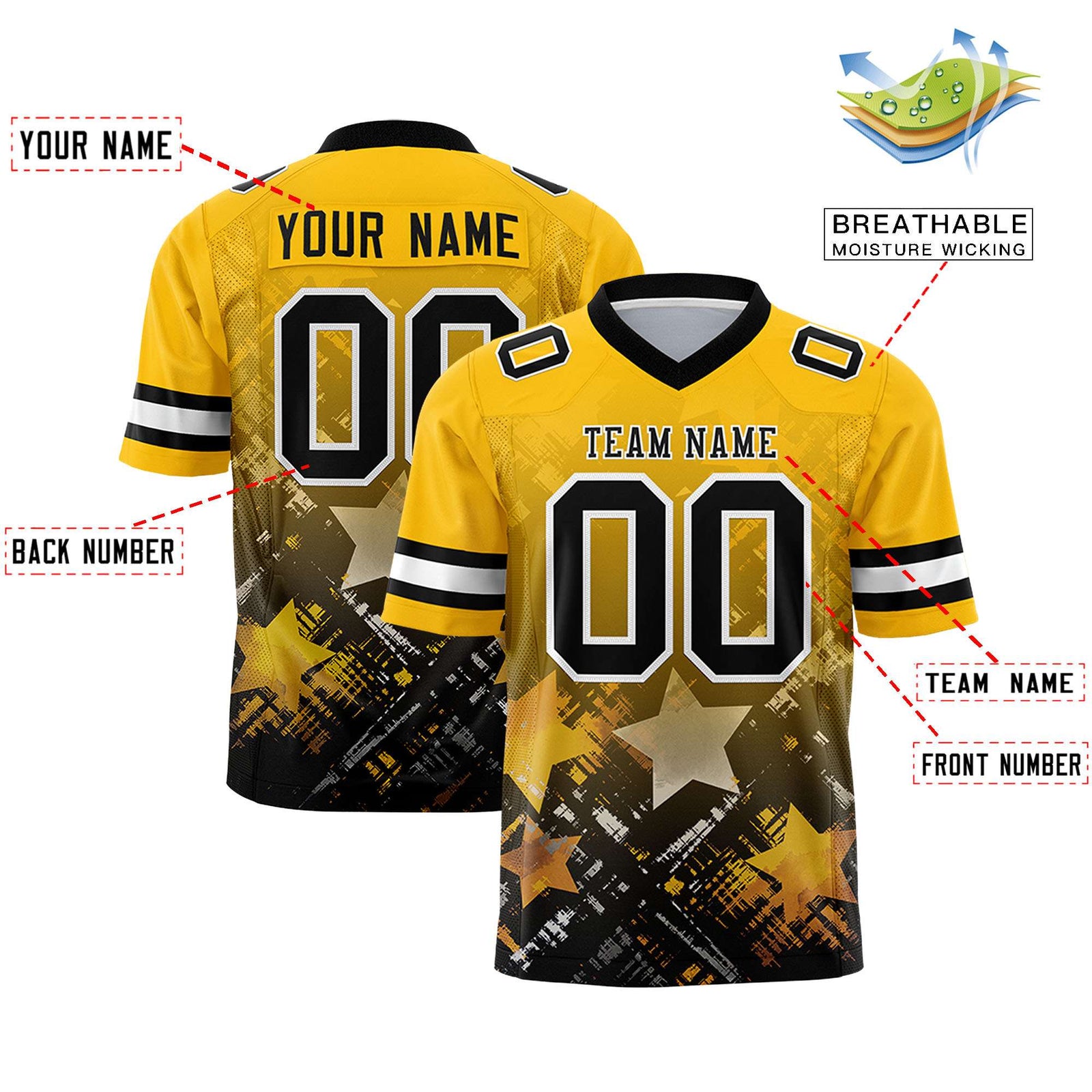 Custom Yellow Black Personalized Star Gradient Flag Football Jersey