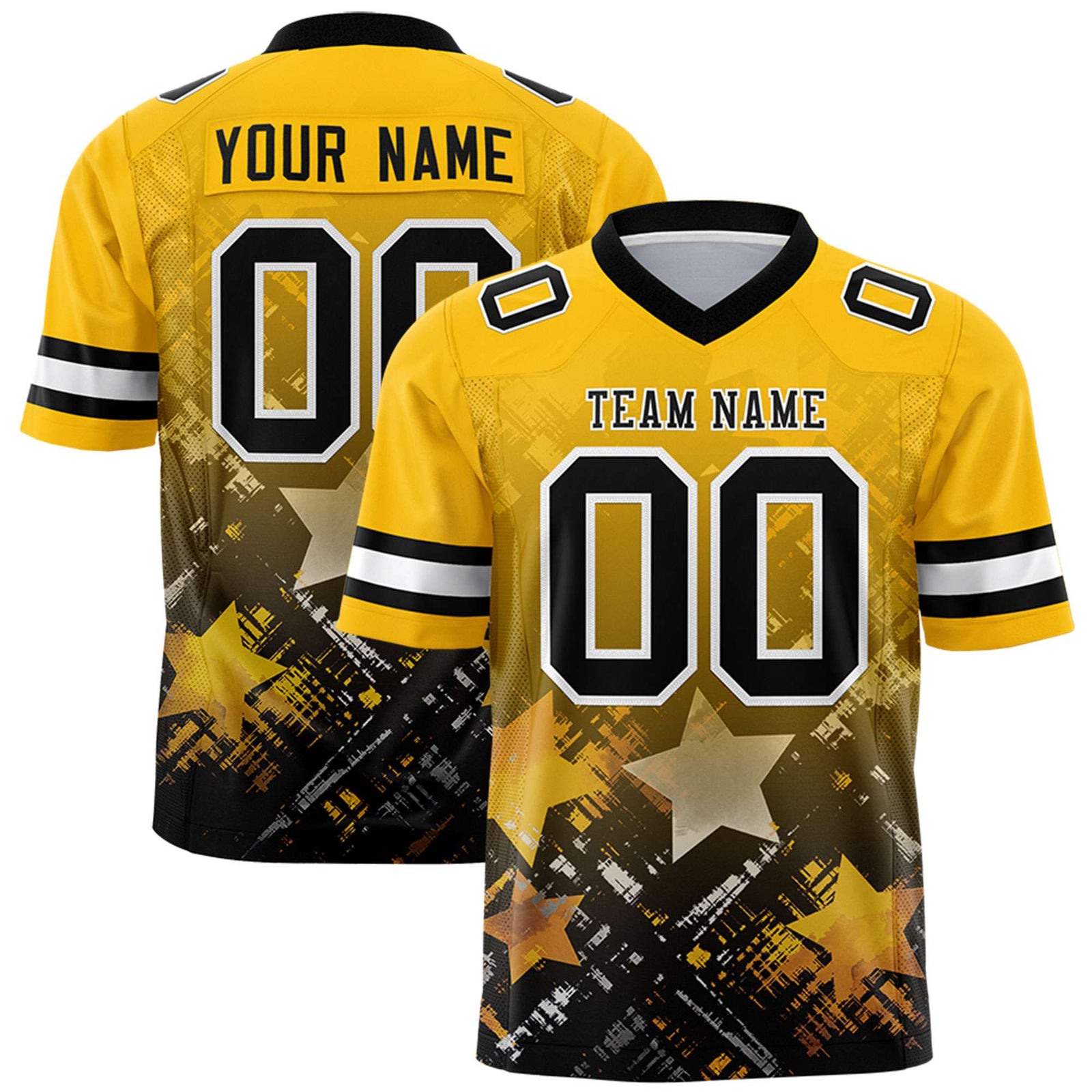 Custom Yellow Black Personalized Star Gradient Flag Football Jersey