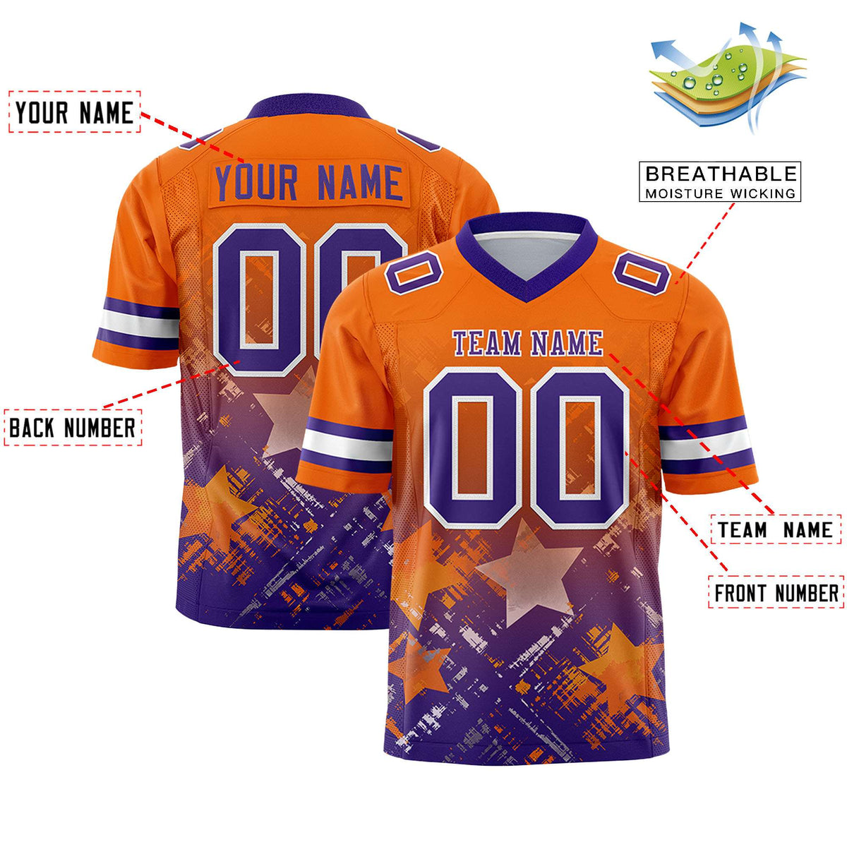 Custom Orange Purple Personalized Star Gradient Flag Football Jersey