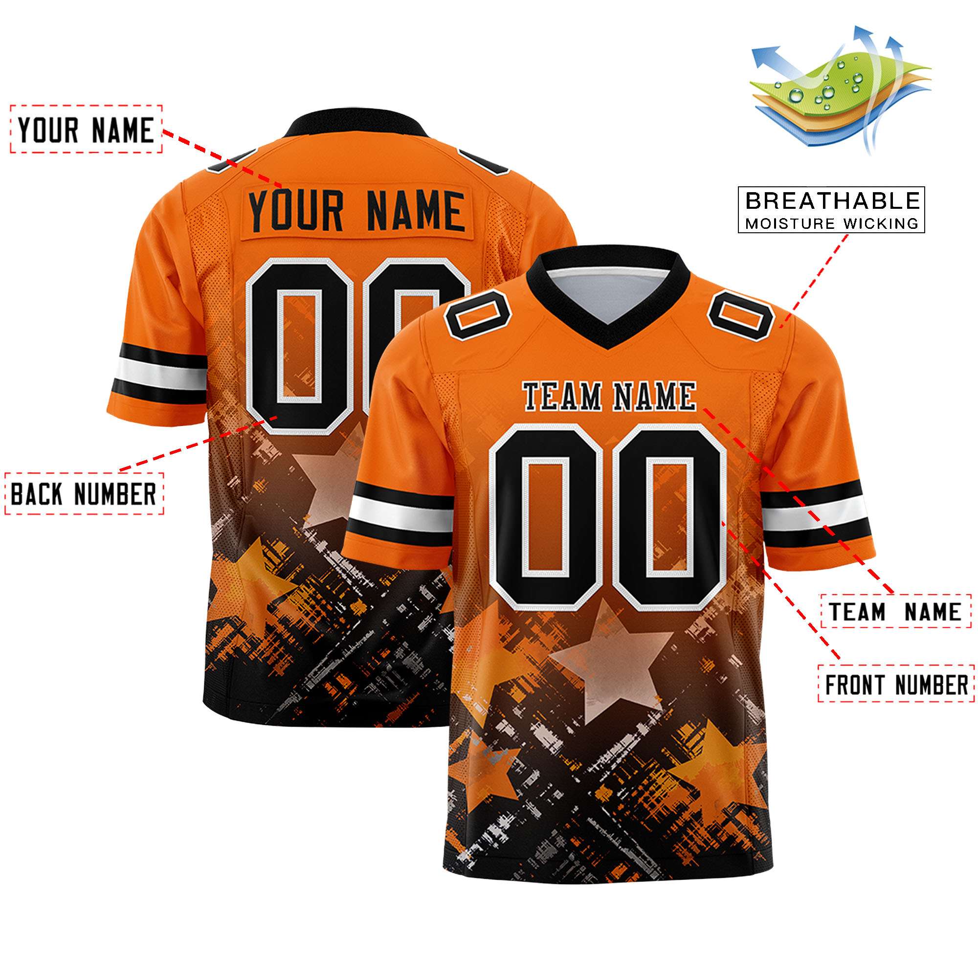 Custom Orange Black Personalized Star Gradient Flag Football Jersey