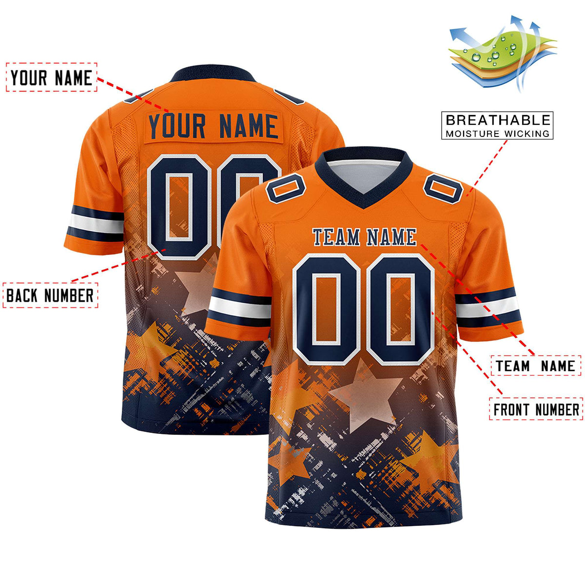 Custom Orange Navy Personalized Star Gradient Flag Football Jersey