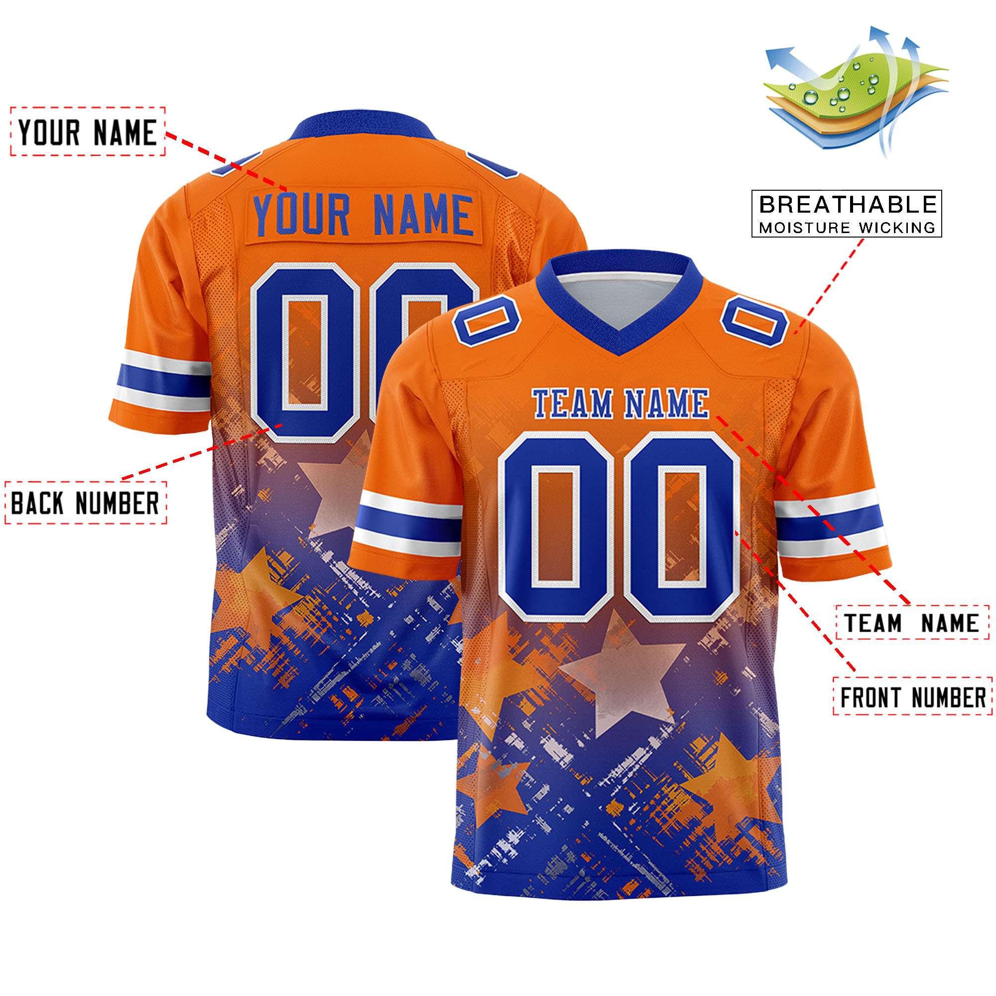 Custom Orange Royal Personalized Star Gradient Flag Football Jersey