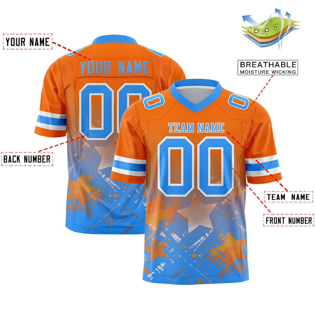 Custom Orange Light Blue Personalized Star Gradient Flag Football Jersey