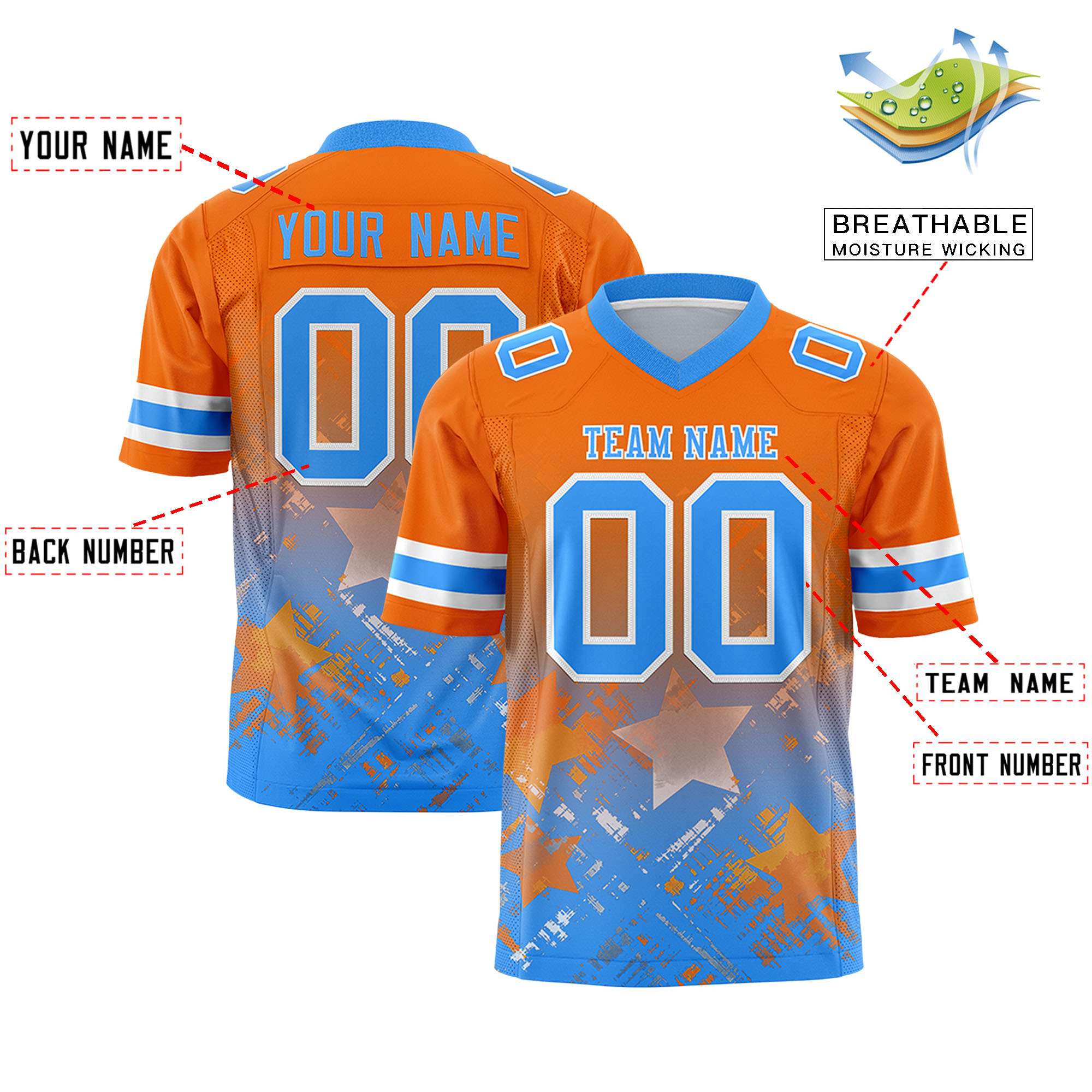 Custom Orange Light Blue Personalized Star Gradient Flag Football Jersey