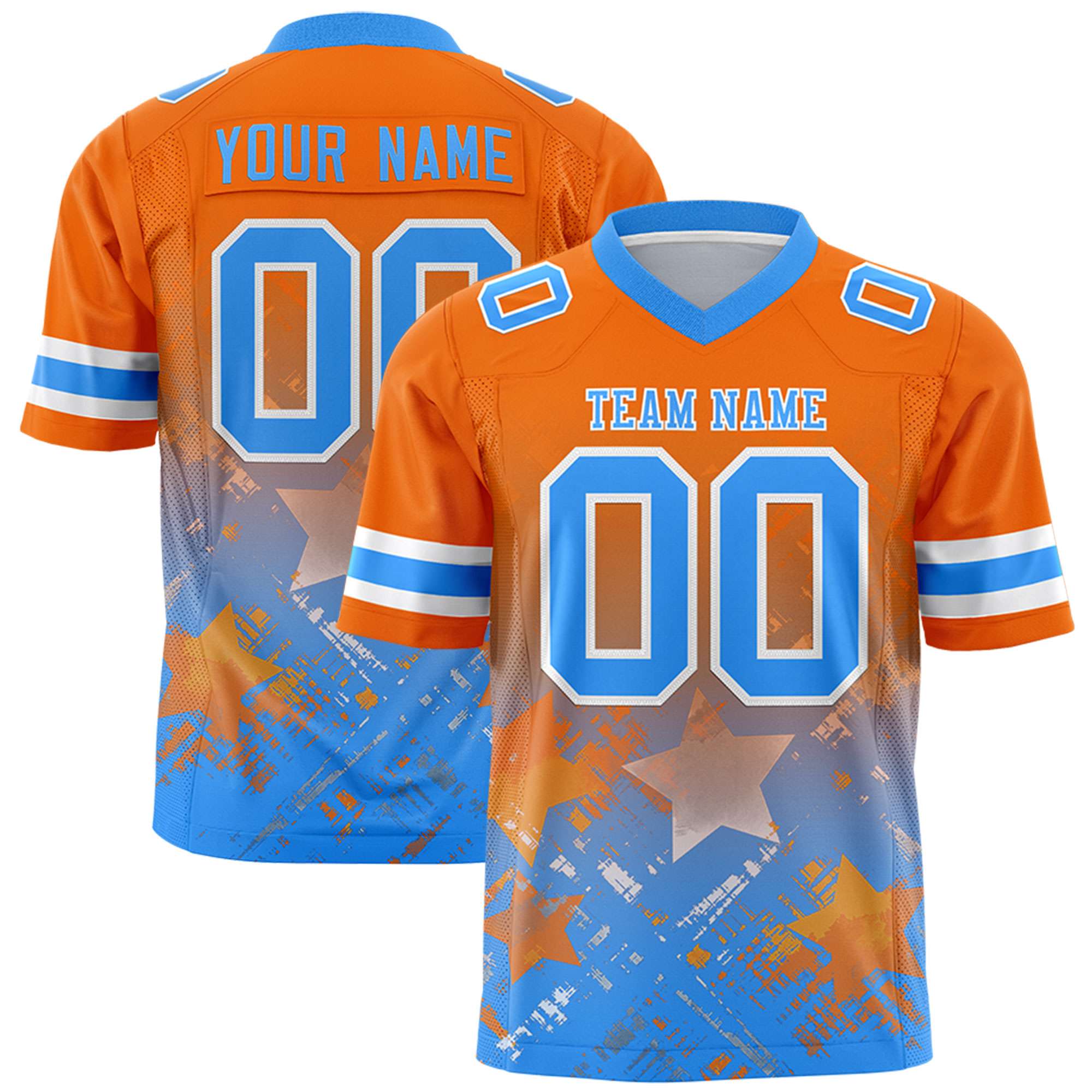 Custom Orange Light Blue Personalized Star Gradient Flag Football Jersey
