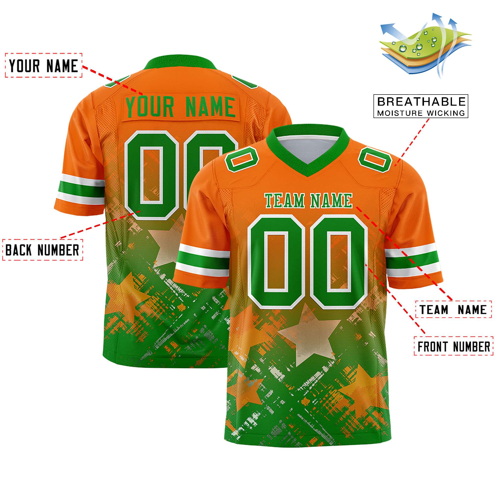 Custom Orange Kelly Green Personalized Star Gradient Flag Football Jersey