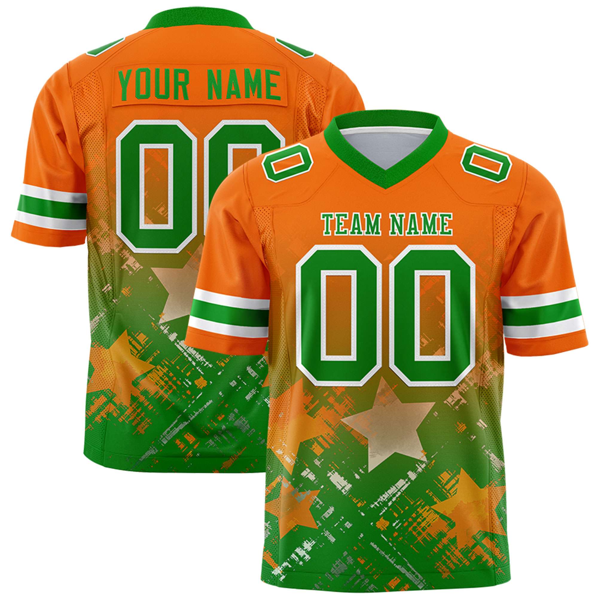 Custom Orange Kelly Green Personalized Star Gradient Flag Football Jersey