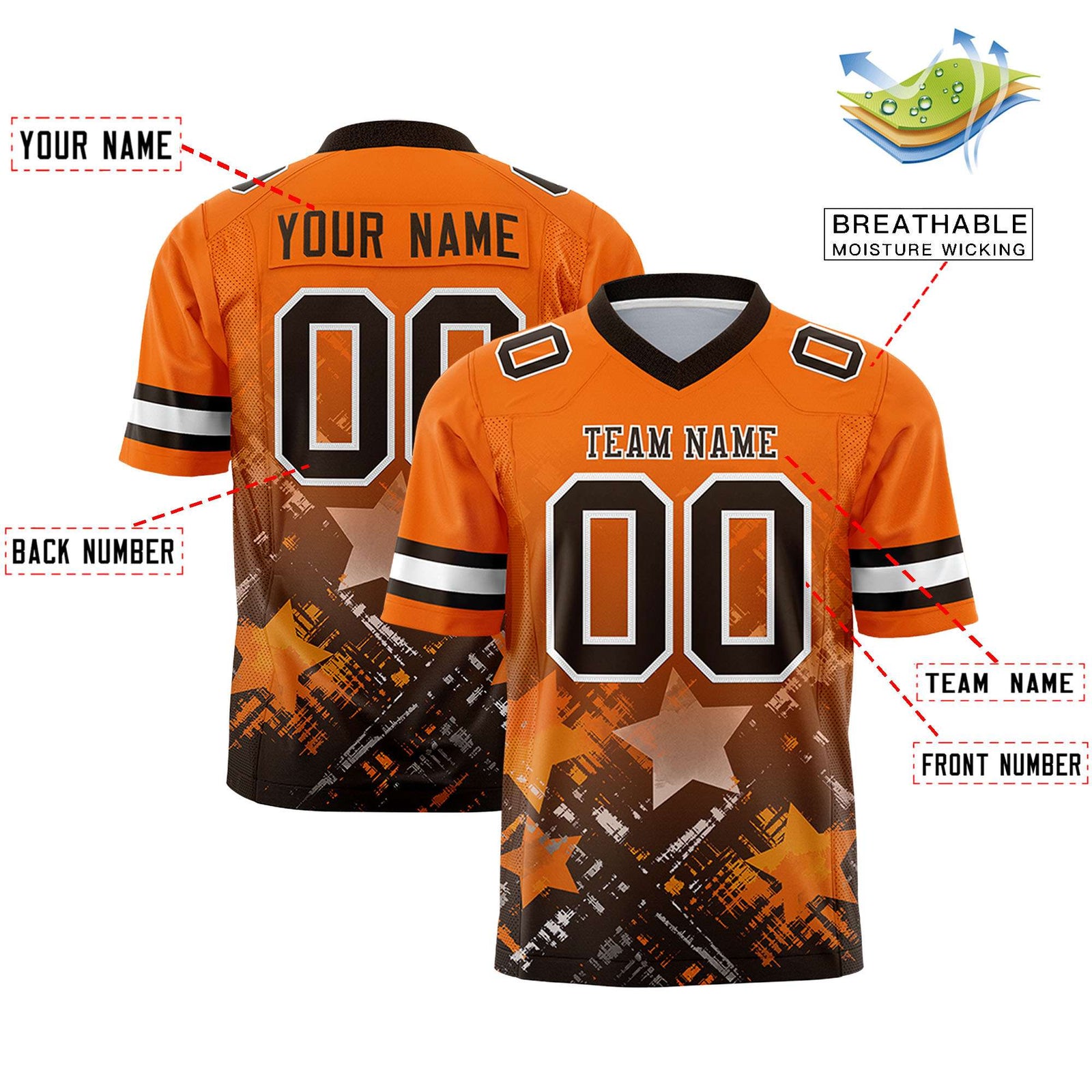 Custom Orange Brown Personalized Star Gradient Flag Football Jersey