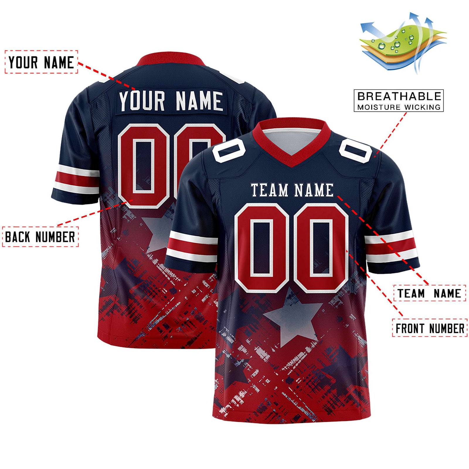 Custom Navy Red Personalized Star Gradient Flag Football Jersey