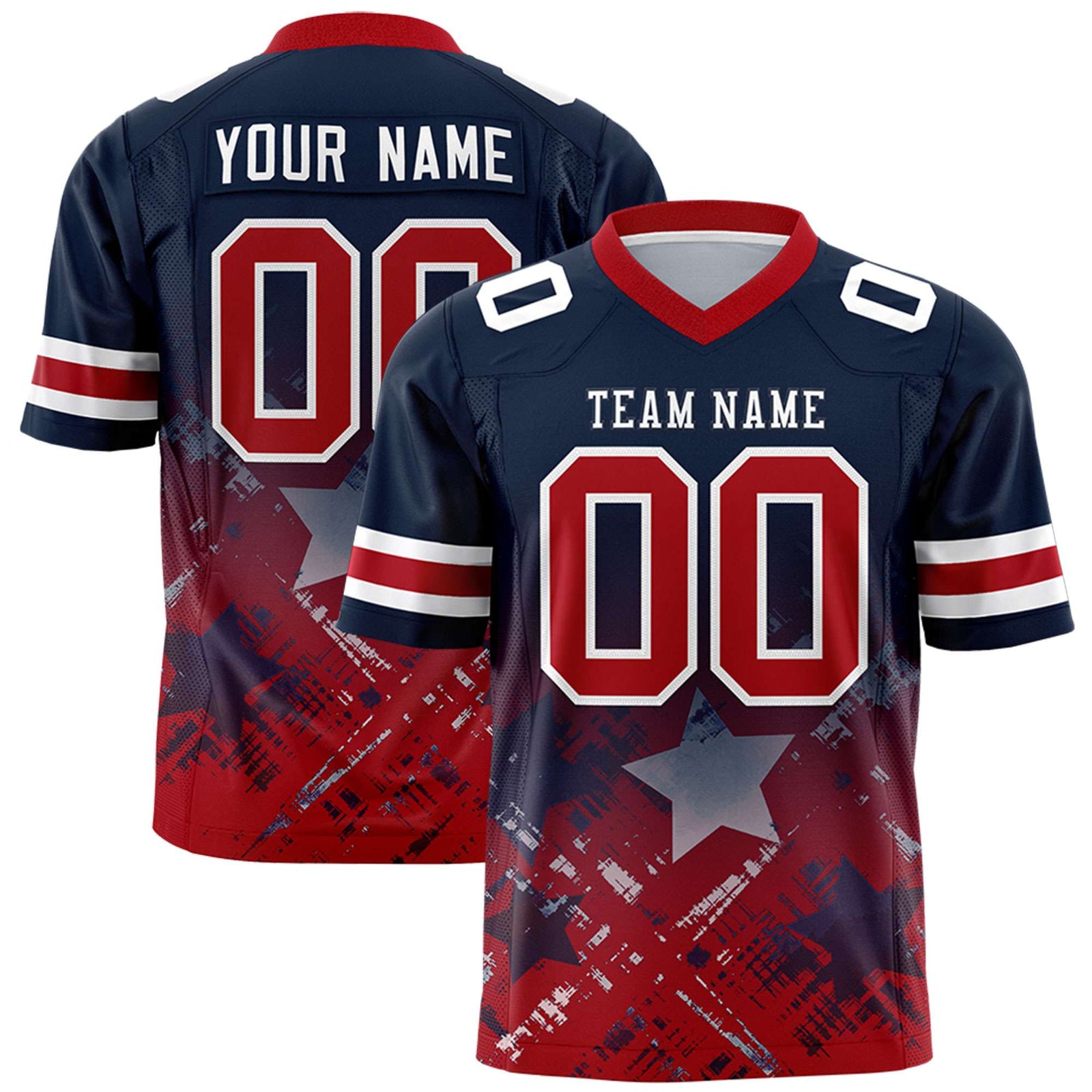 Custom Navy Red Personalized Star Gradient Flag Football Jersey