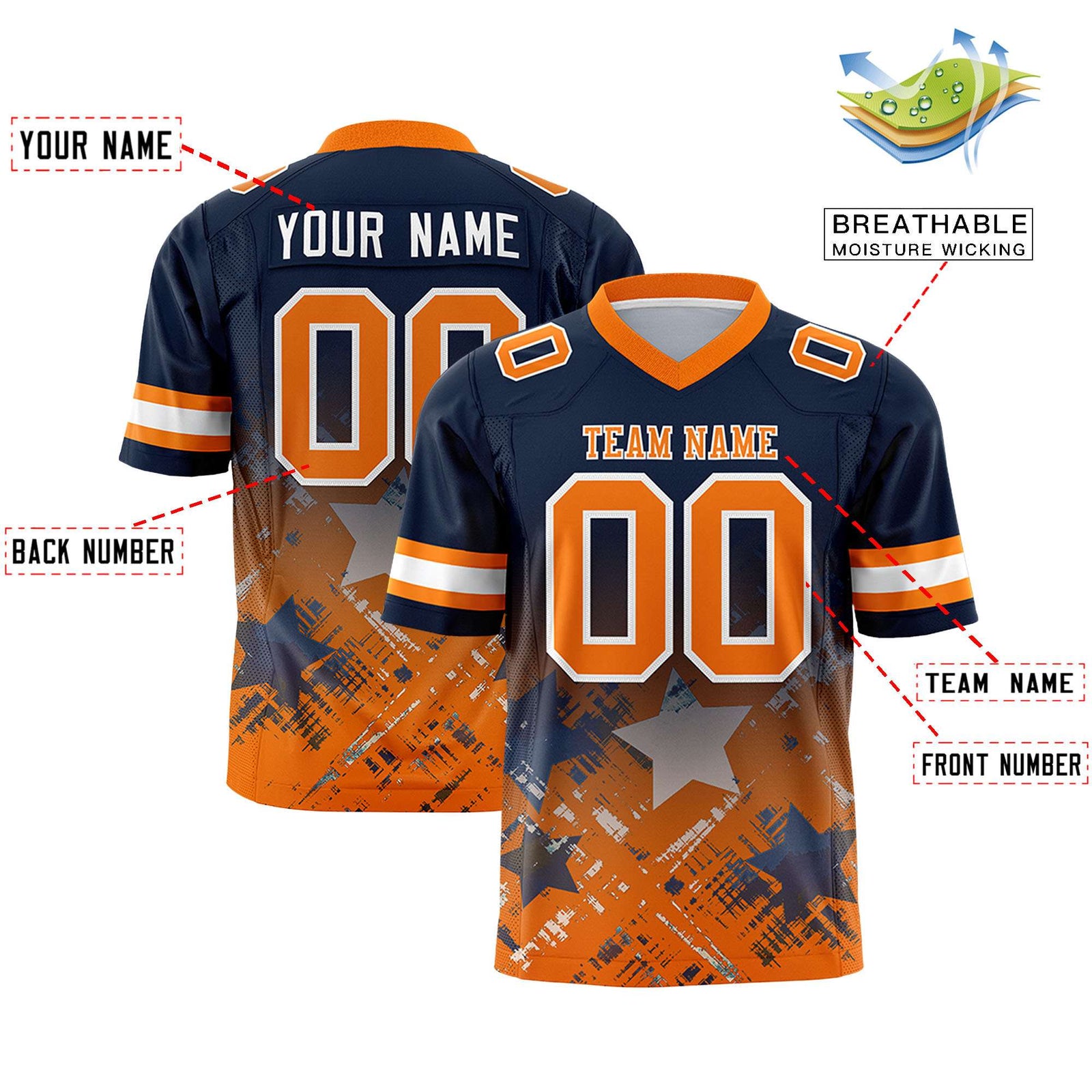 Custom Navy Orange Personalized Star Gradient Flag Football Jersey