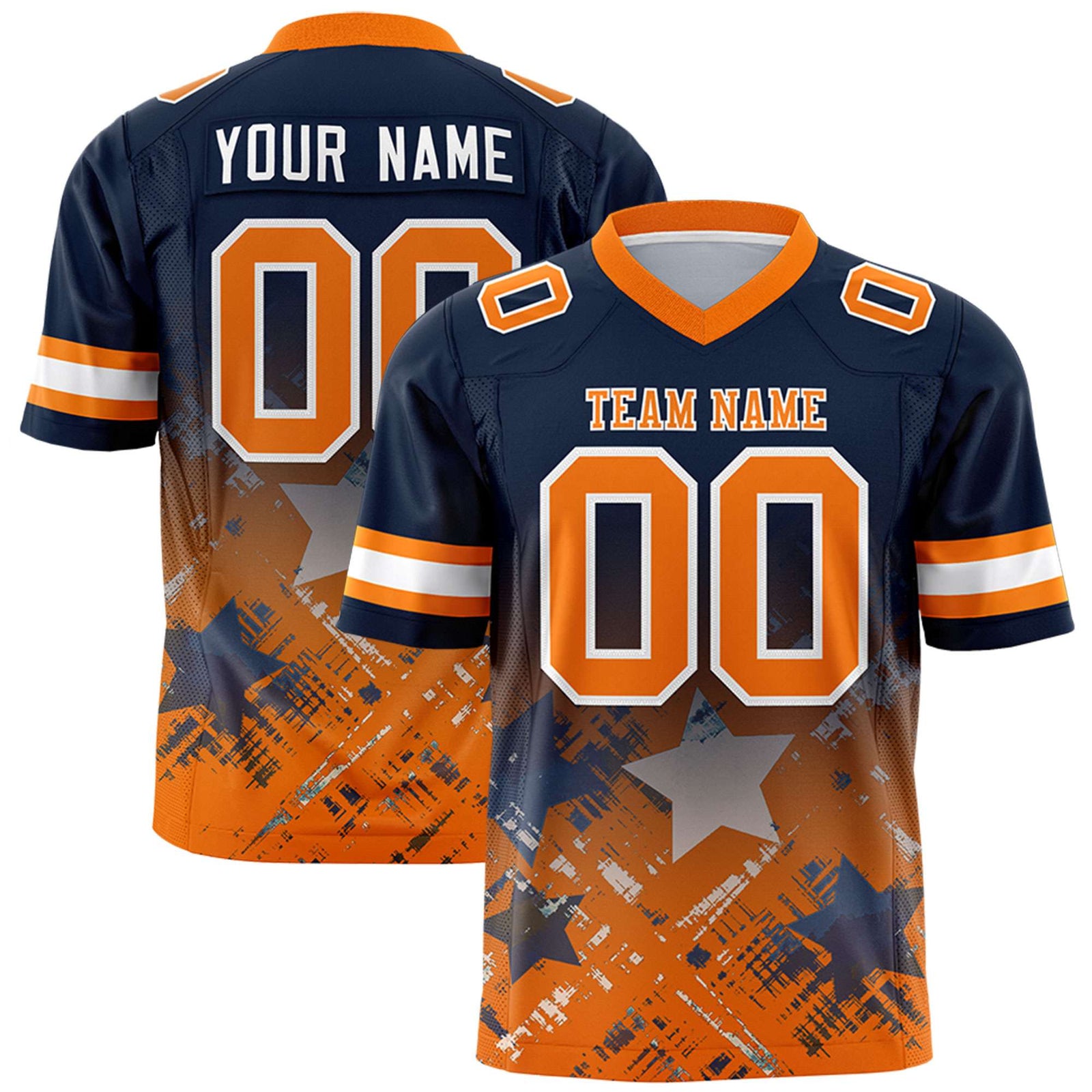 Custom Navy Orange Personalized Star Gradient Flag Football Jersey