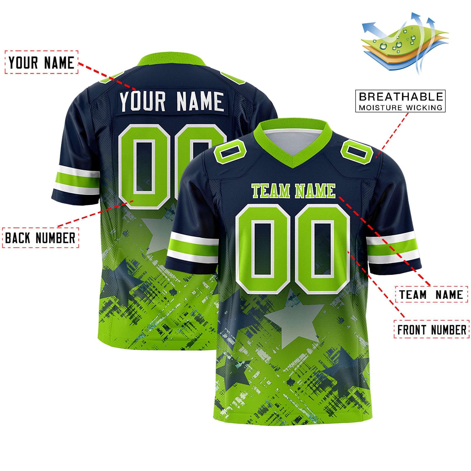 Custom Navy Neon Green Personalized Star Gradient Flag Football Jersey