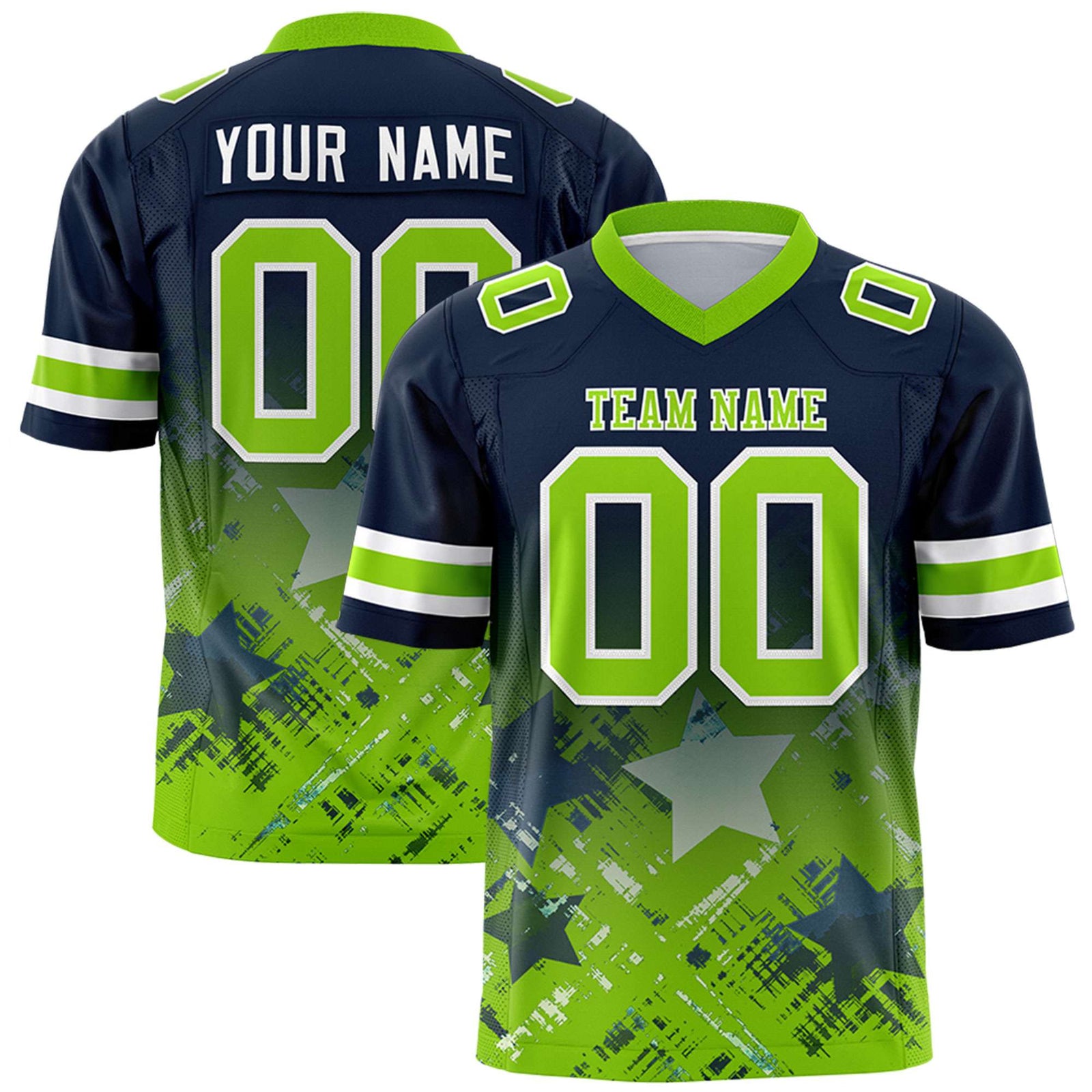 Custom Navy Neon Green Personalized Star Gradient Flag Football Jersey