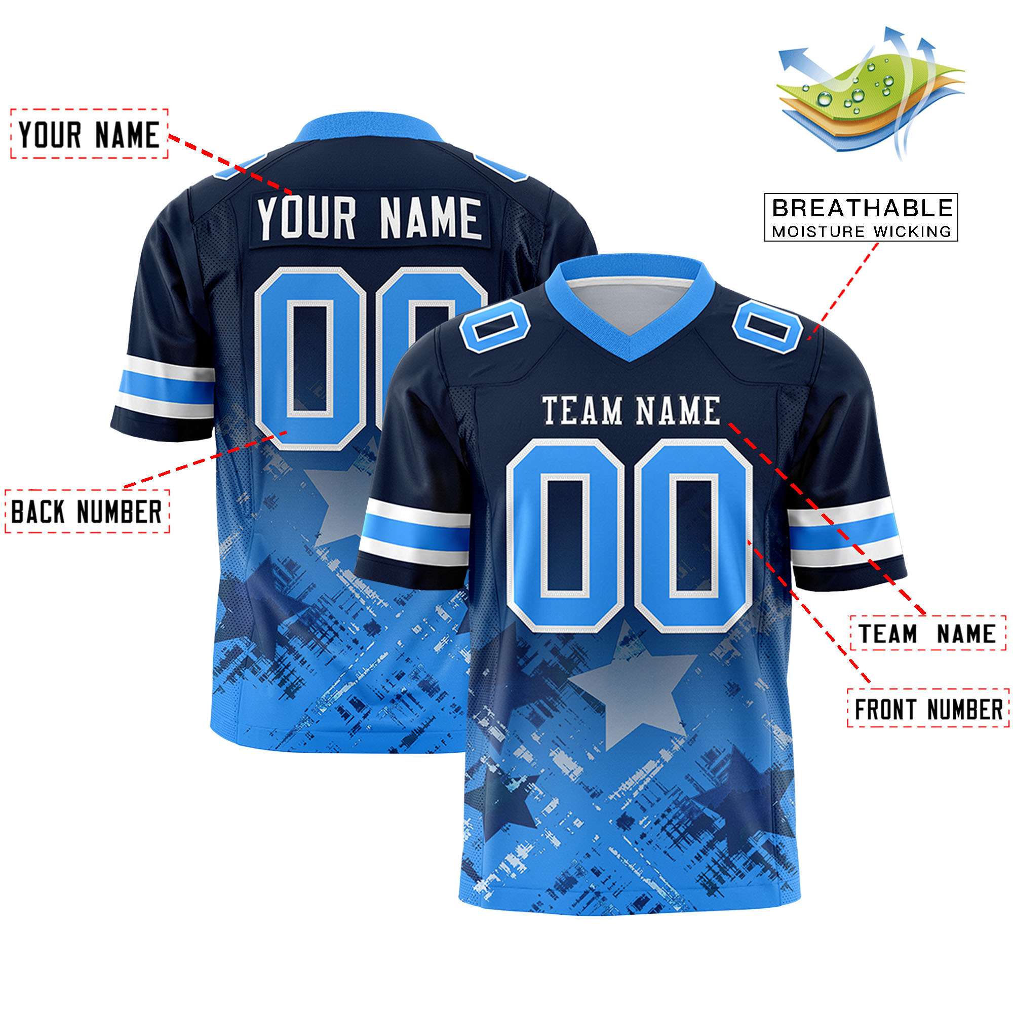 Custom Navy Light Blue Personalized Star Gradient Flag Football Jersey