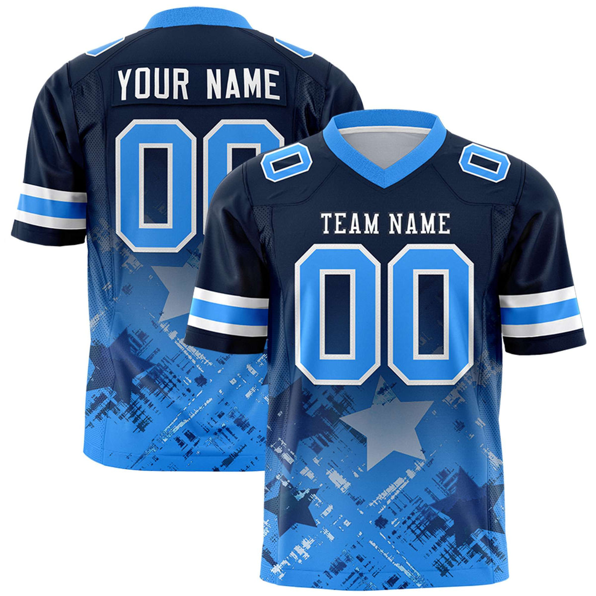 Custom Navy Light Blue Personalized Star Gradient Flag Football Jersey