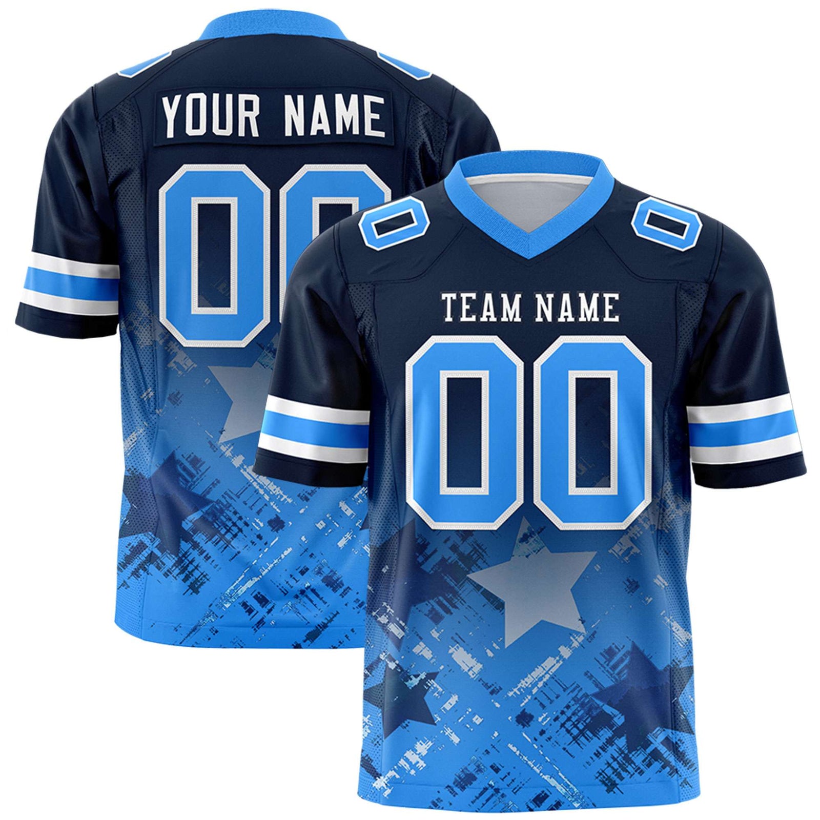 Custom Navy Light Blue Personalized Star Gradient Flag Football Jersey