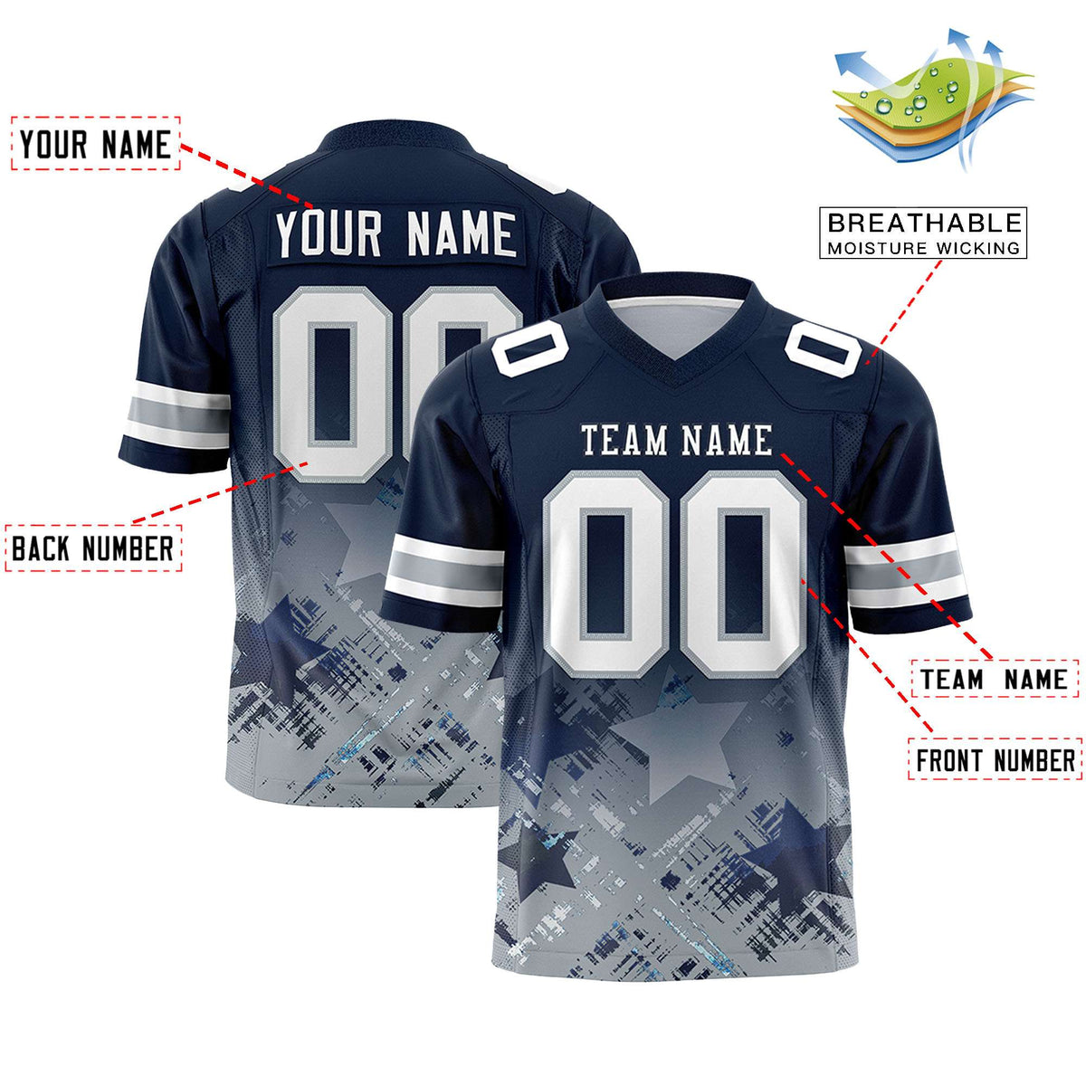 Custom Navy Navy Personalized Star Gradient Flag Football Jersey