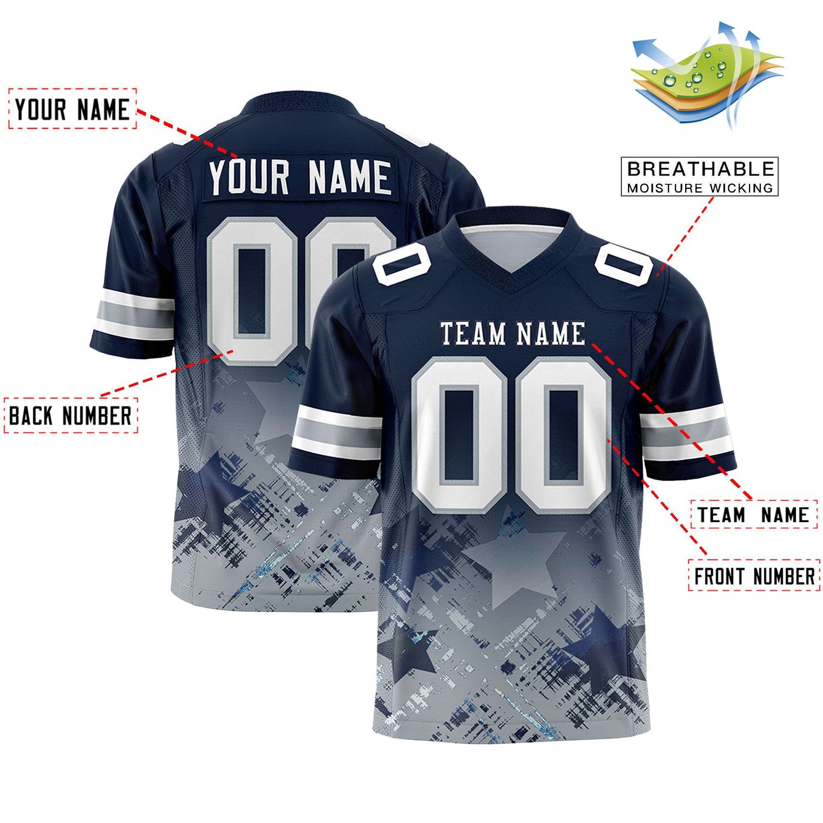 Custom Navy Navy Personalized Star Gradient Flag Football Jersey