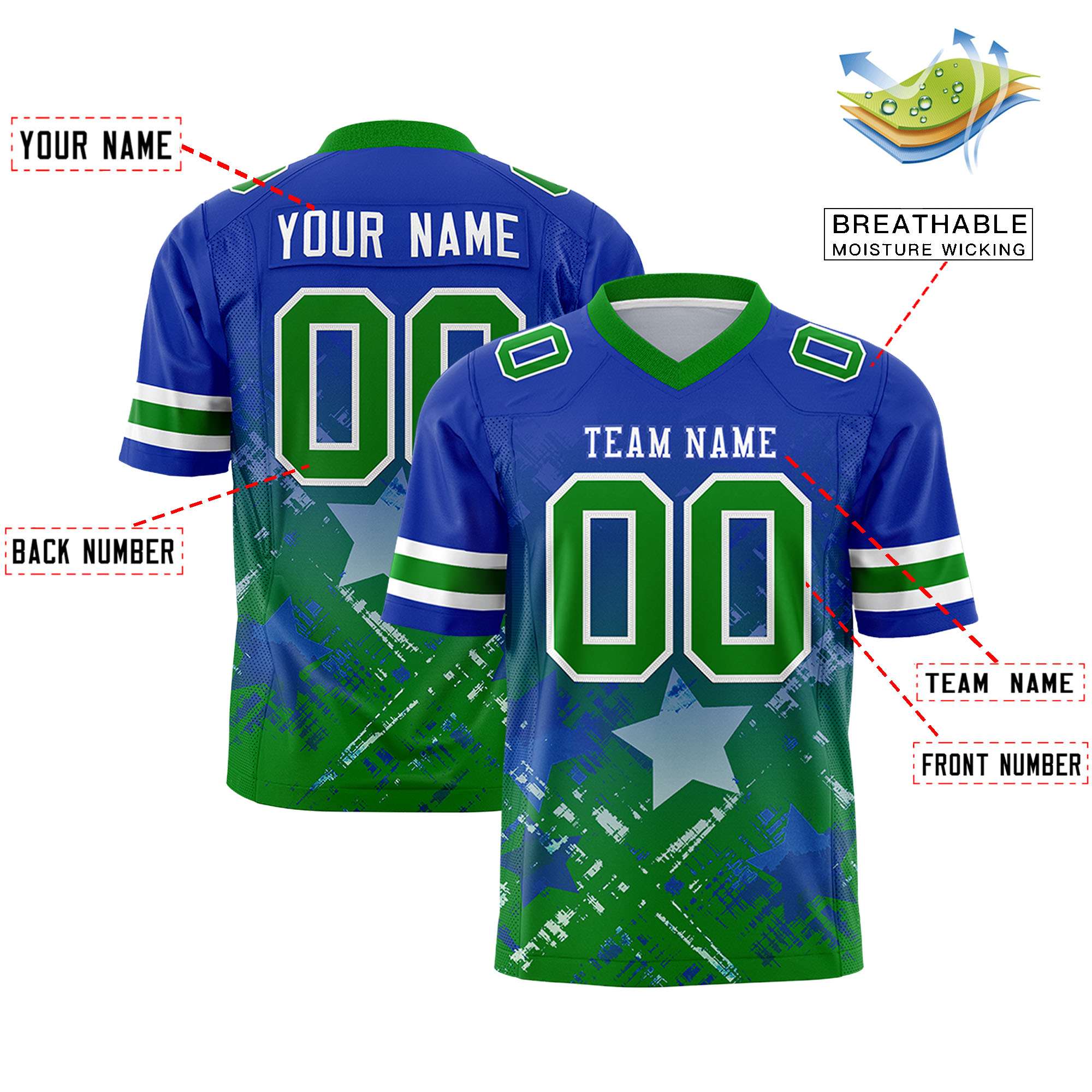 Custom Royal Kelly Green Personalized Star Gradient Flag Football Jersey